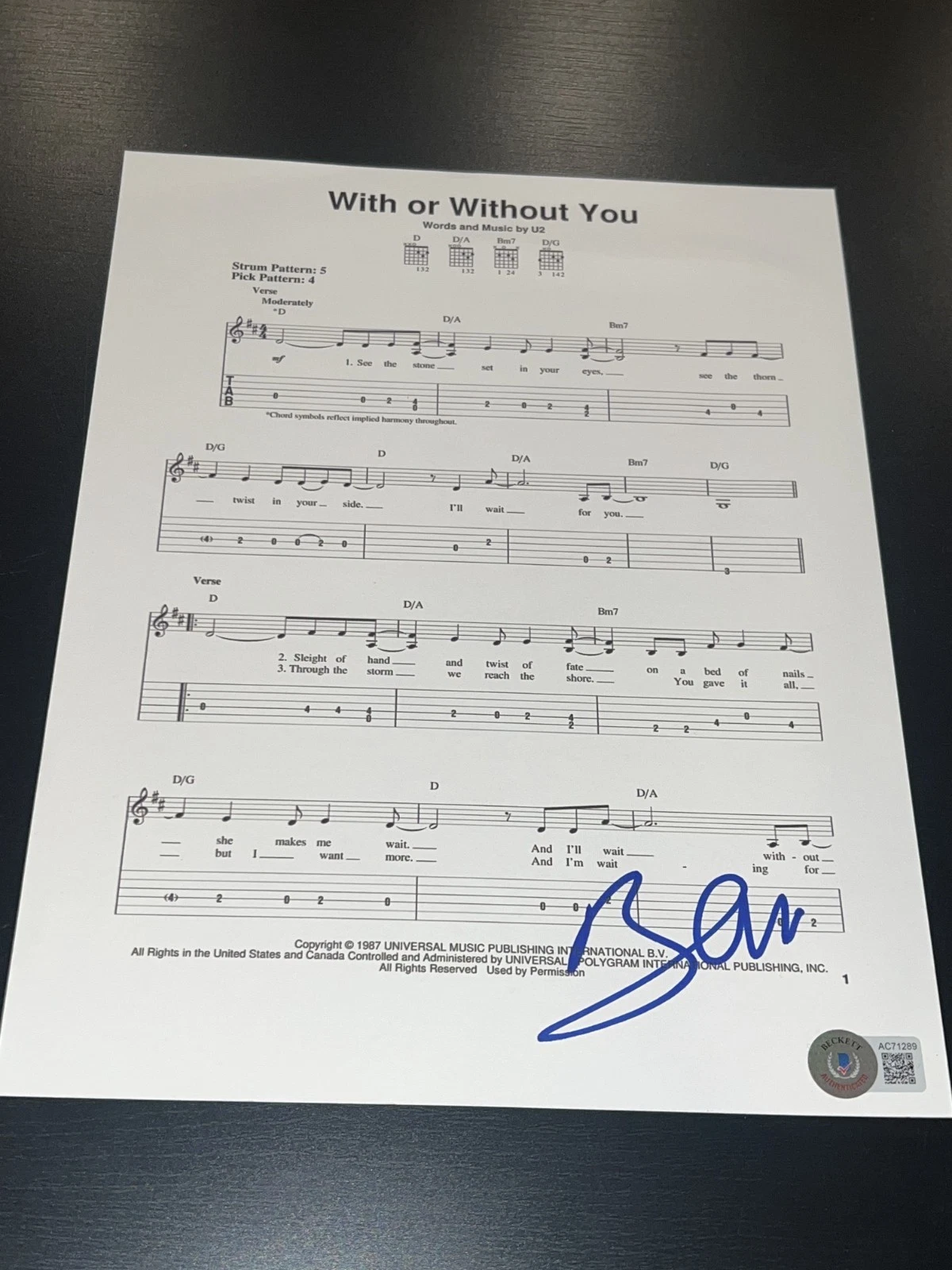 BONO SIGNED AUTOGRAPH SHEET MUSIC WITH OR WITHOUT YOU U2 JOSHUA TREE BECKETT BAS