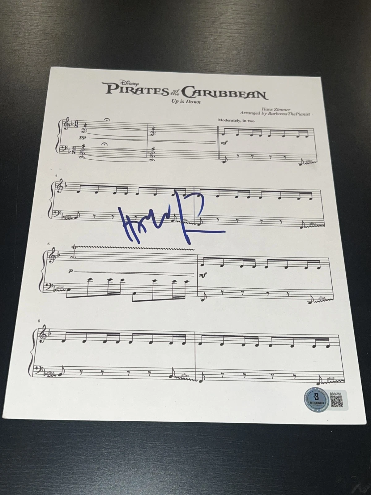 HANS ZIMMER SIGNED AUTOGRAPH SHEET MUSIC PIRATES OF THE CARIBBEAN BECKETT BAS X1
