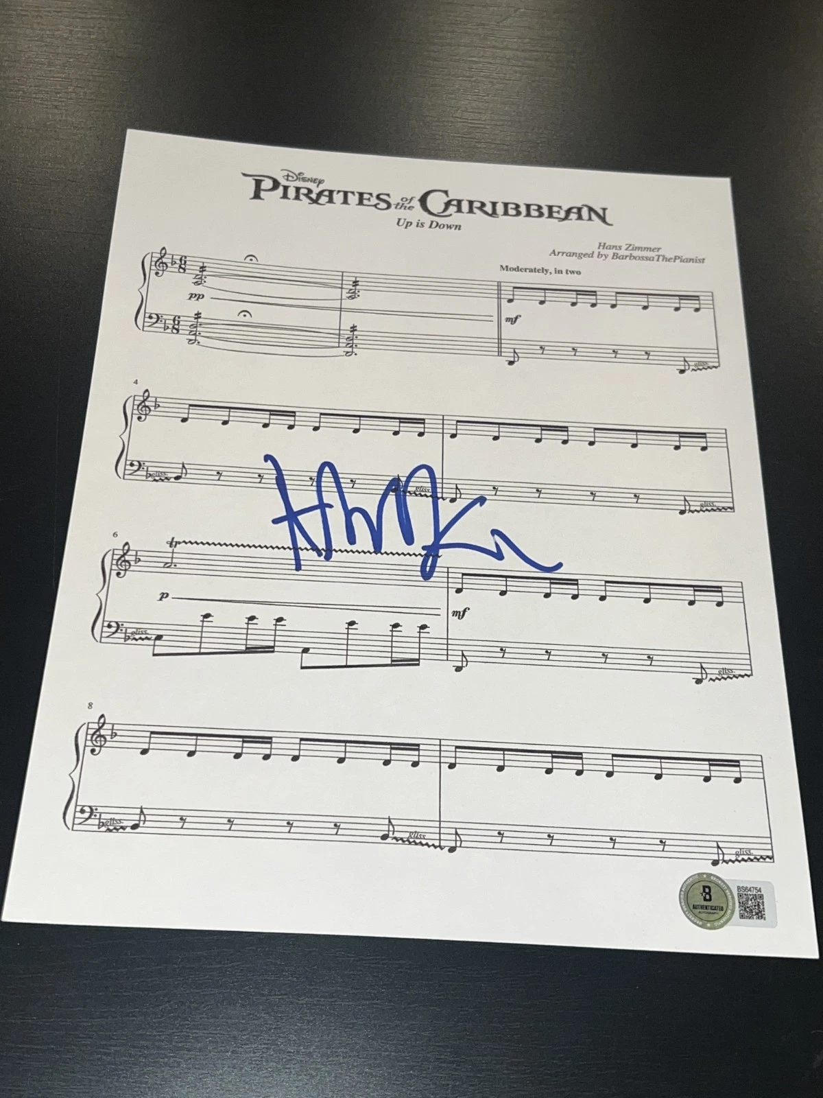 HANS ZIMMER SIGNED AUTOGRAPH SHEET MUSIC PIRATES OF THE CARIBBEAN BECKETT BAS X3