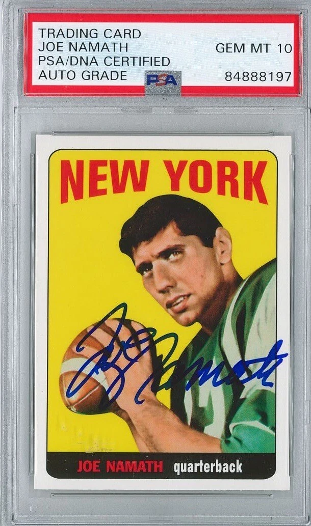JOE NAMATH SIGNED 1965 TOPPS REPRINT ROOKIE CARD PSA 84888197 GEM MINT 10 AUTO
