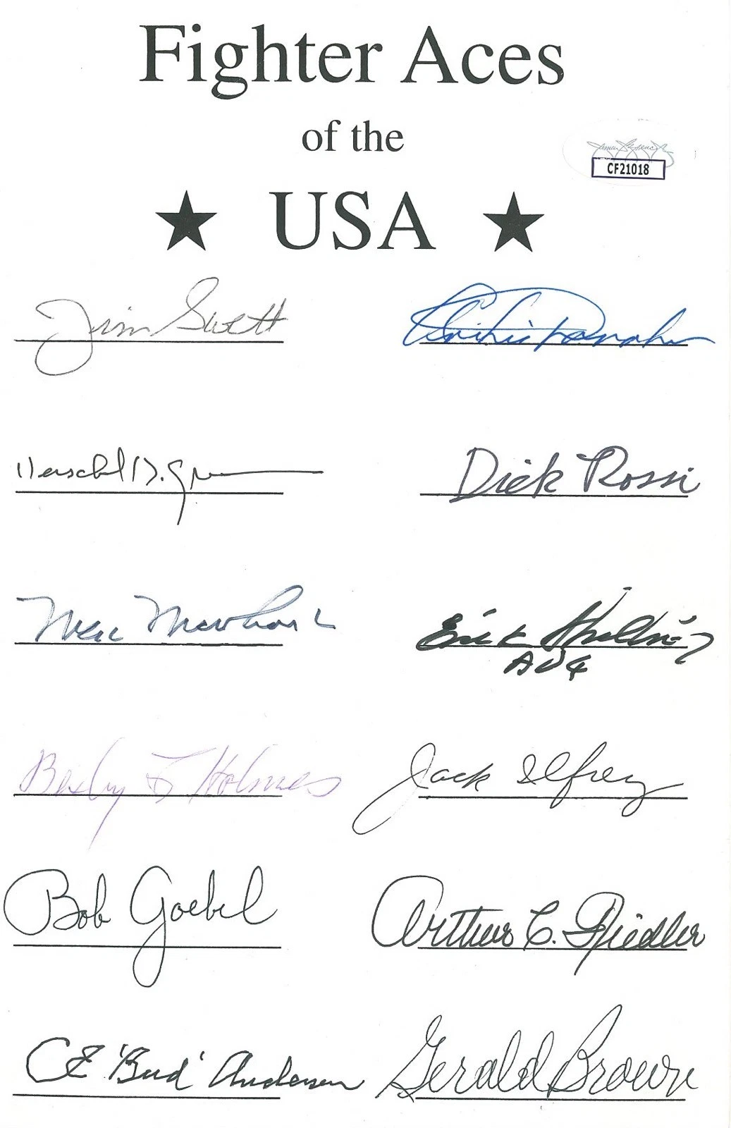 WWII AMERICAN FIGHTER ACES MULTI SIGNED BOOKPLATE x12 JSA COA CF21018