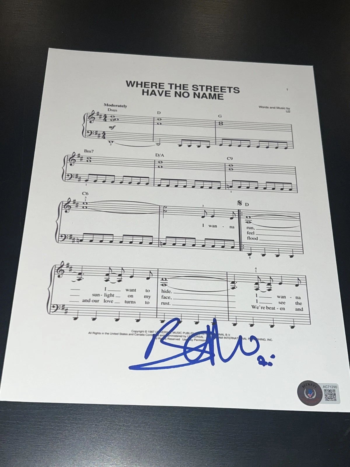 BONO SIGNED AUTOGRAPH SHEET MUSIC STREETS HAVE NO NAME BECKETT BAS COA AUTO D