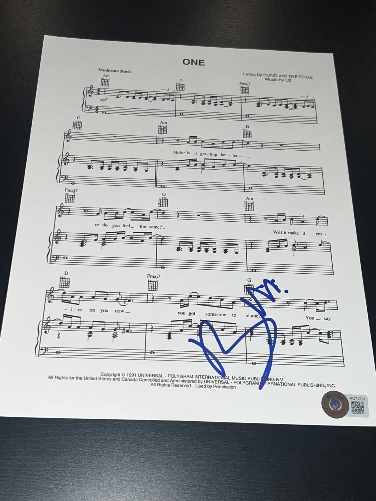 BONO SIGNED AUTOGRAPH SHEET MUSIC ONE JOSHUA TREE BECKETT BAS COA AUTO D