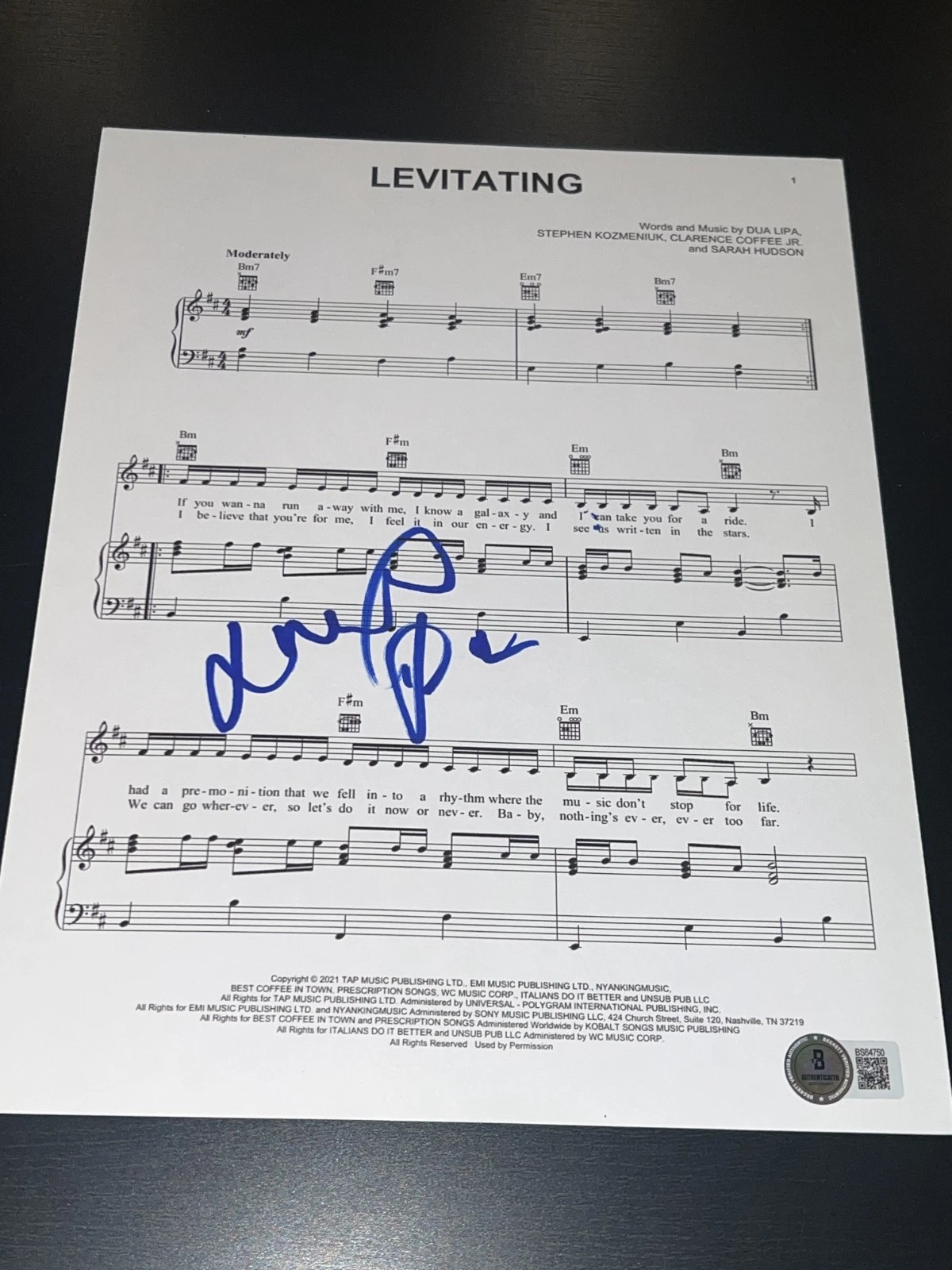 DUA LIPA SIGNED AUTOGRAPH SHEET MUSIC LEVITATING BECKETT BAS COA MSG RARE