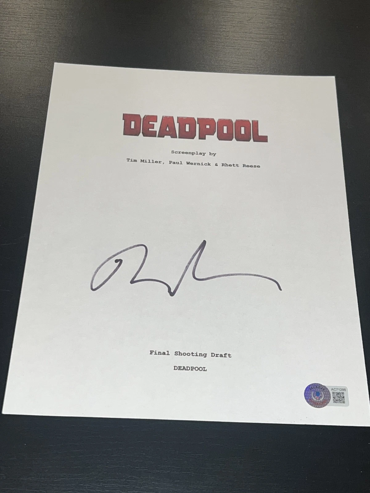 RYAN REYNOLDS SIGNED AUTOGRAPH MOVIE SCRIPT DEADPOOL BECKETT BAS COA AUTO X1