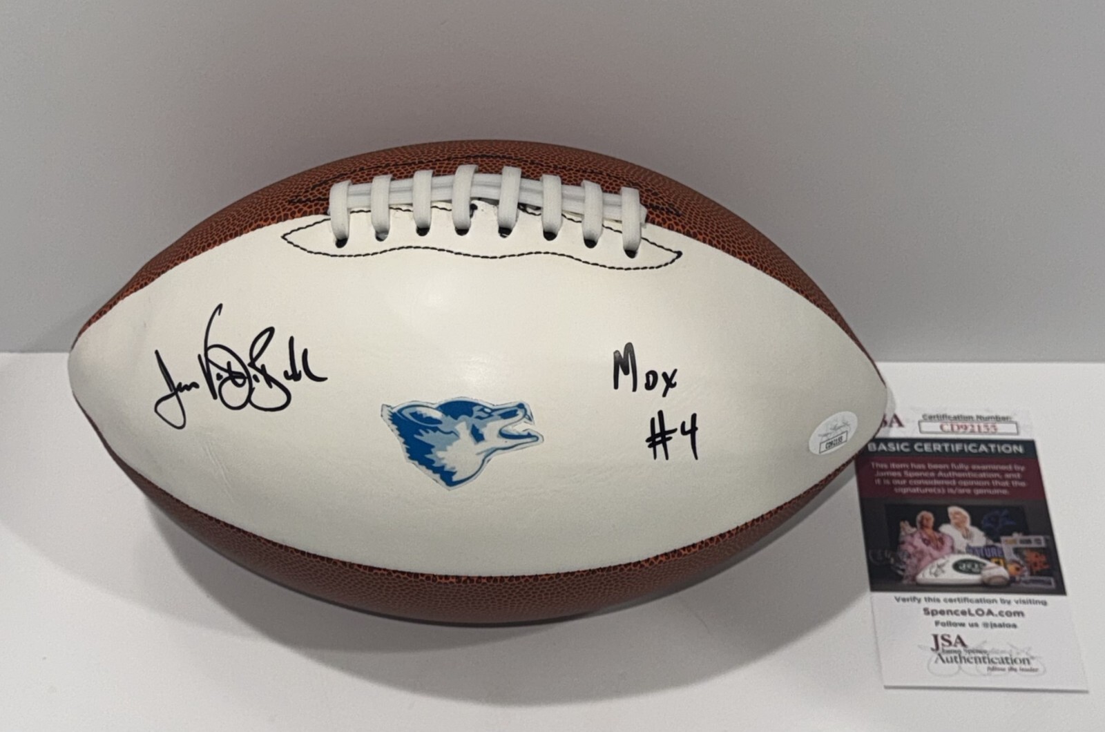 JAMES VAN DER BEEK SIGNED FOOTBALL WEST CANAAN COYOTES VARSITY BLUES MOX JSA COA