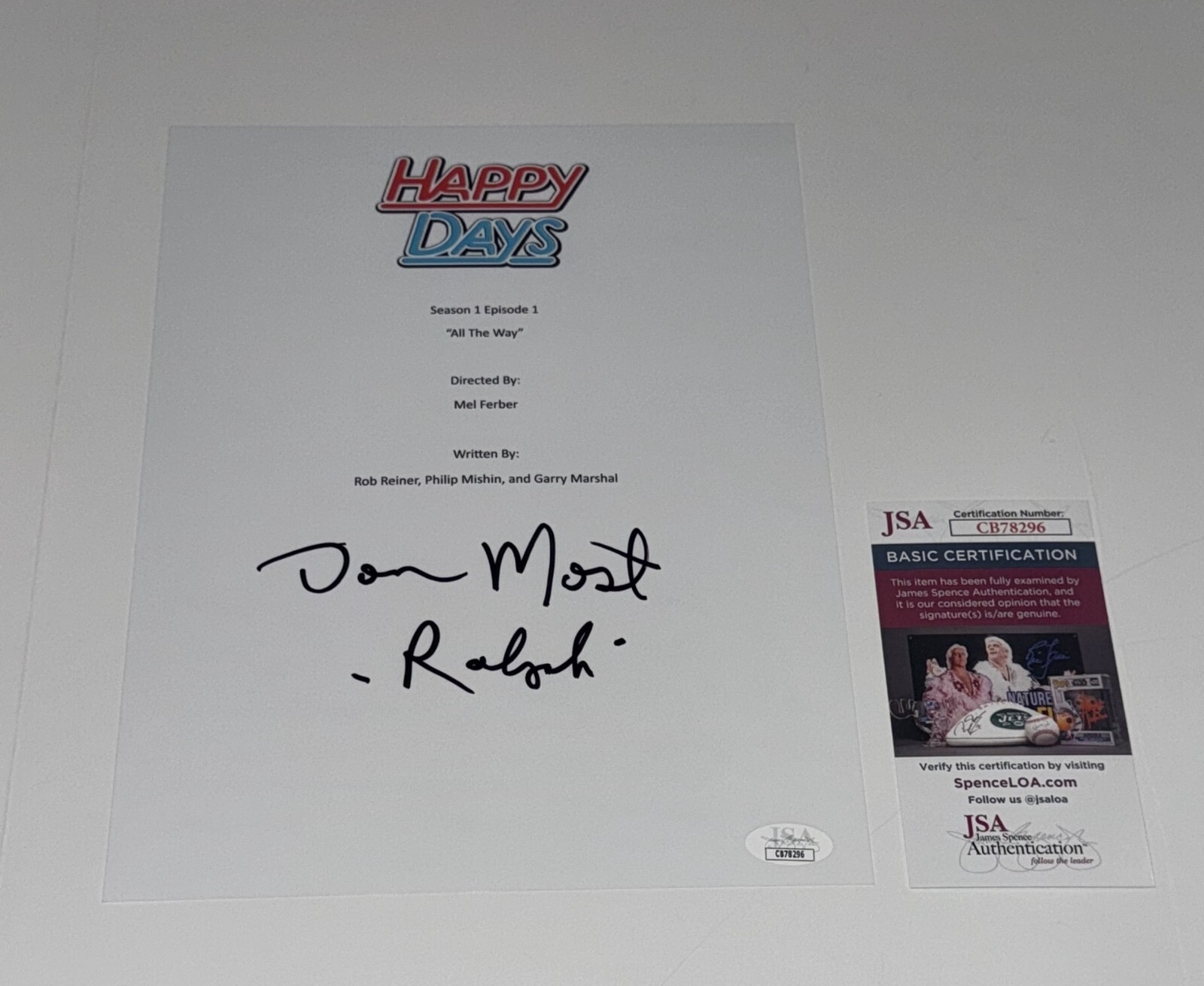 DON MOST SIGNED HAPPY DAYS ALL THE WAY PILOT TRANSCRIPT RALPH JSA COA