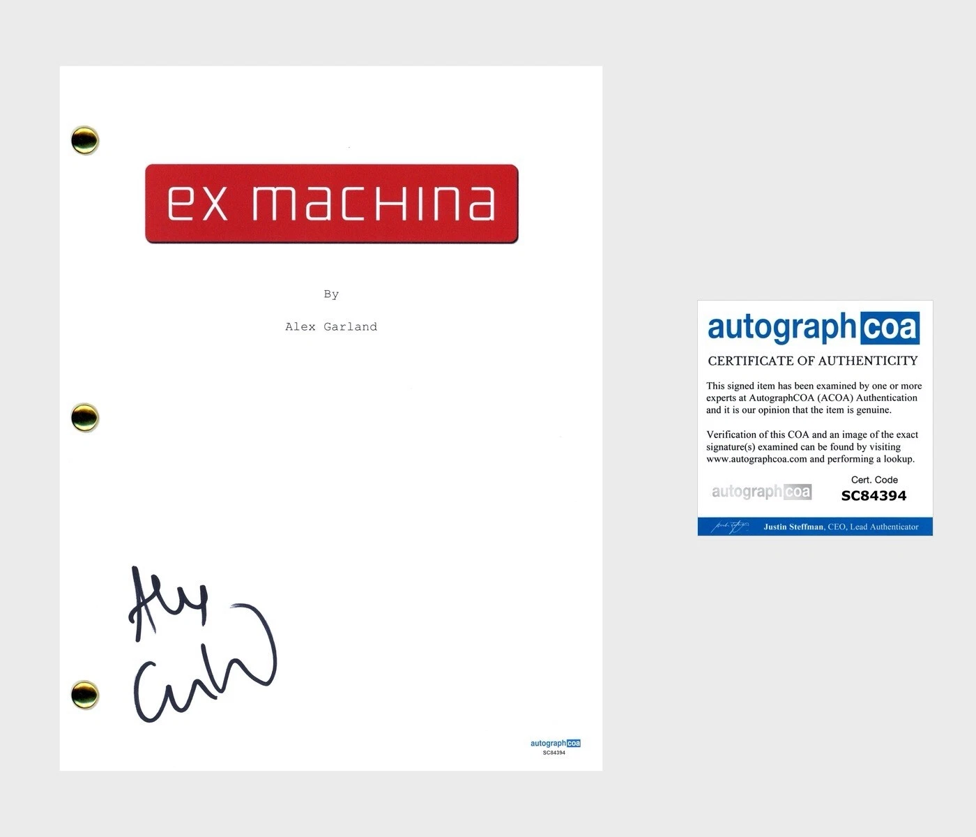 ALEX GARLAND ‘EX MACHINA’ DIRECTOR SIGNED 117 PAGE FULL MOVIE SCRIPT ACOA PROOF COLLECTIBLE MEMORABILIA