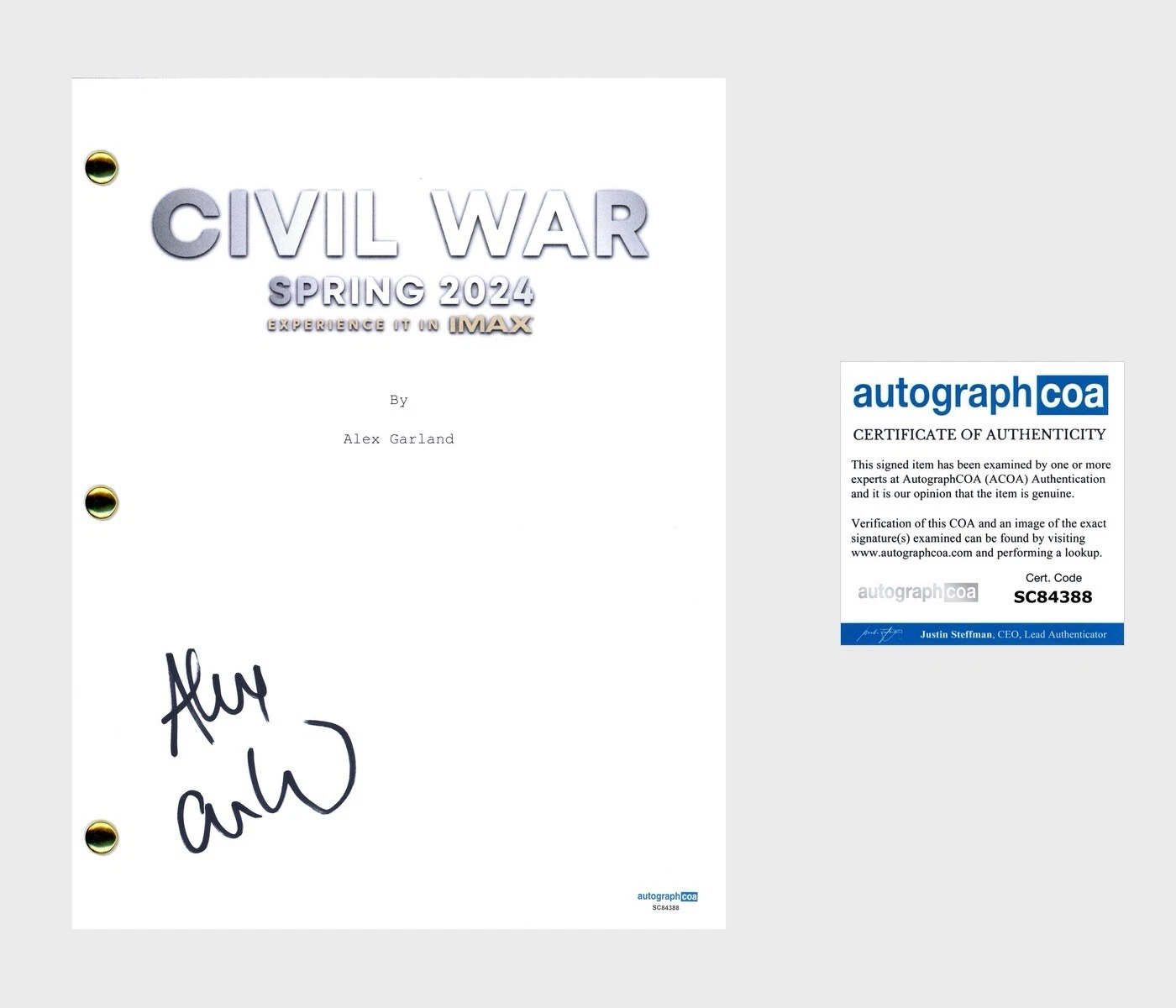 ALEX GARLAND ‘CIVIL WAR’ DIRECTOR SIGNED MOVIE SCRIPT COVER ACOA PROOF COLLECTIBLE MEMORABILIA