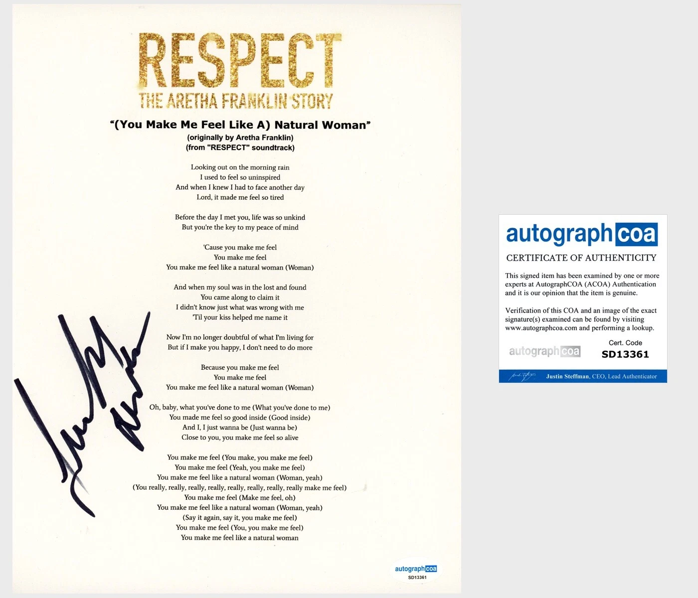 Jennifer Hudson ‘Respect’ Signed Lyric Sheet Aretha Franklin Movie ACOA