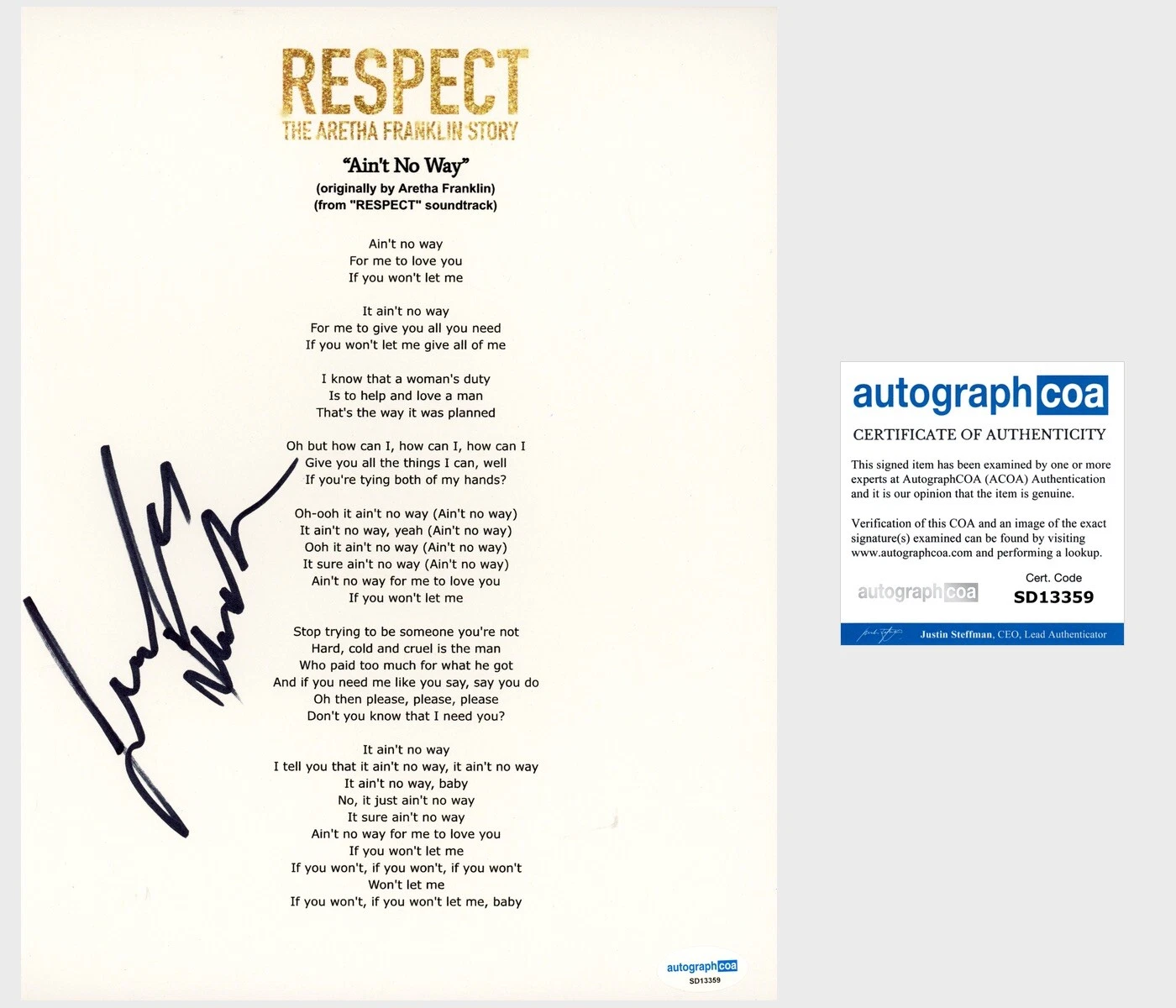 Jennifer Hudson ‘Respect’ Signed Lyric Sheet ‘Ain’t No Way’ Aretha Franklin ACOA