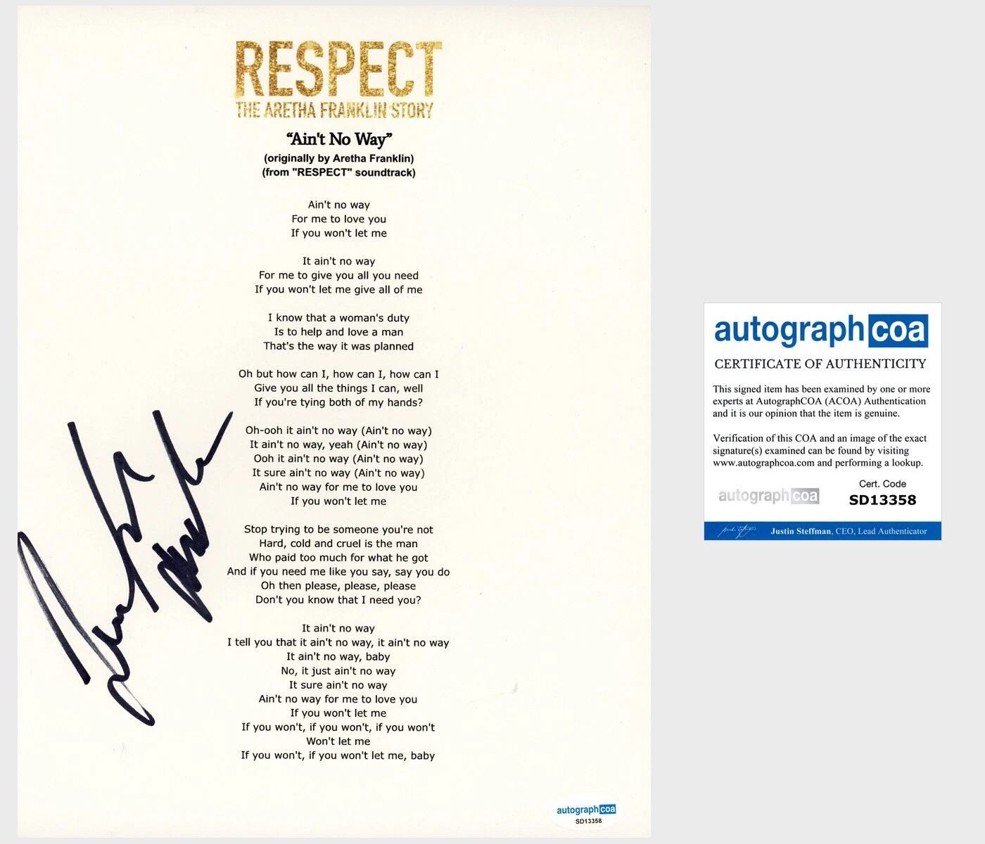 Jennifer Hudson ‘Respect’ Signed Lyric Sheet ‘Ain’t No Way’ Aretha Franklin ACOA