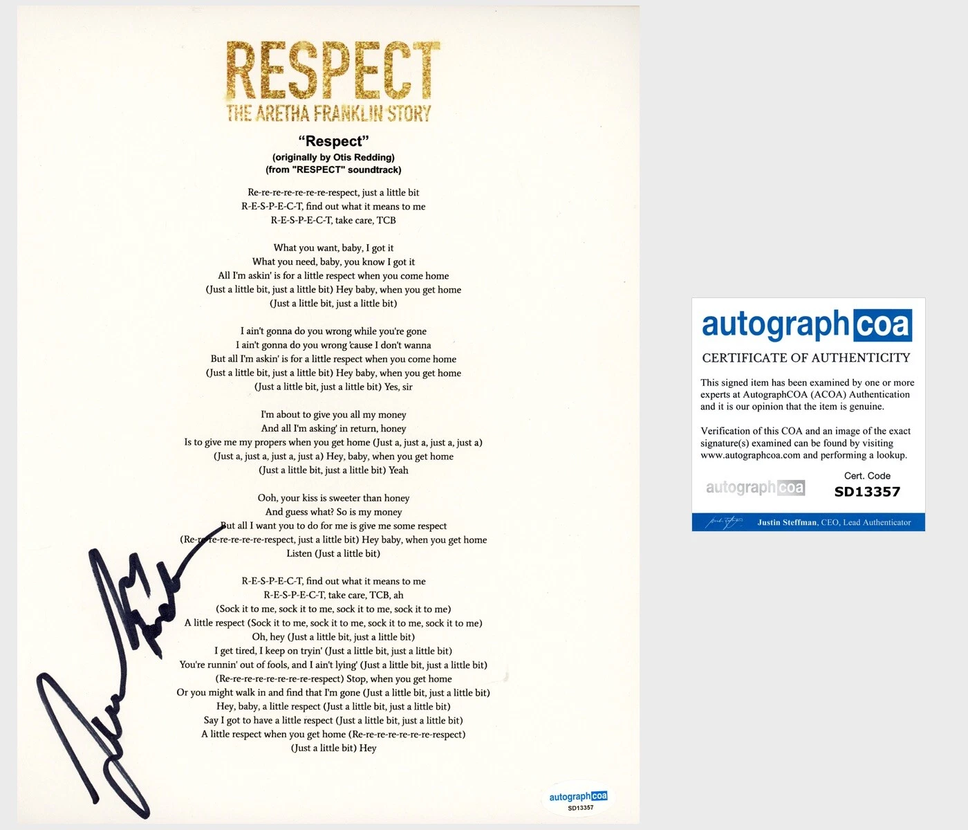 Jennifer Hudson ‘Respect’ Signed Lyric Sheet Aretha Franklin Movie ACOA