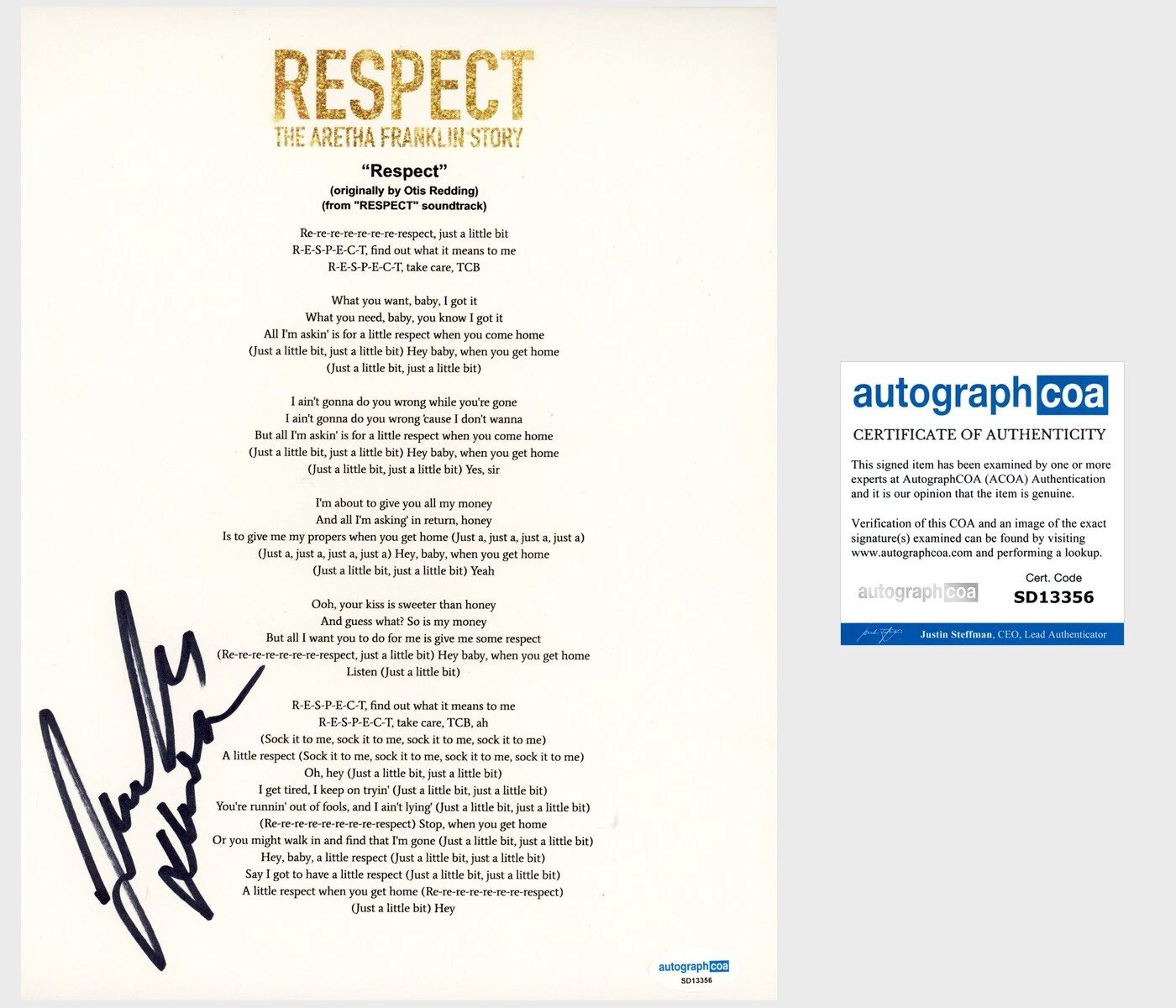 Jennifer Hudson ‘Respect’ Signed Lyric Sheet Aretha Franklin Movie ACOA