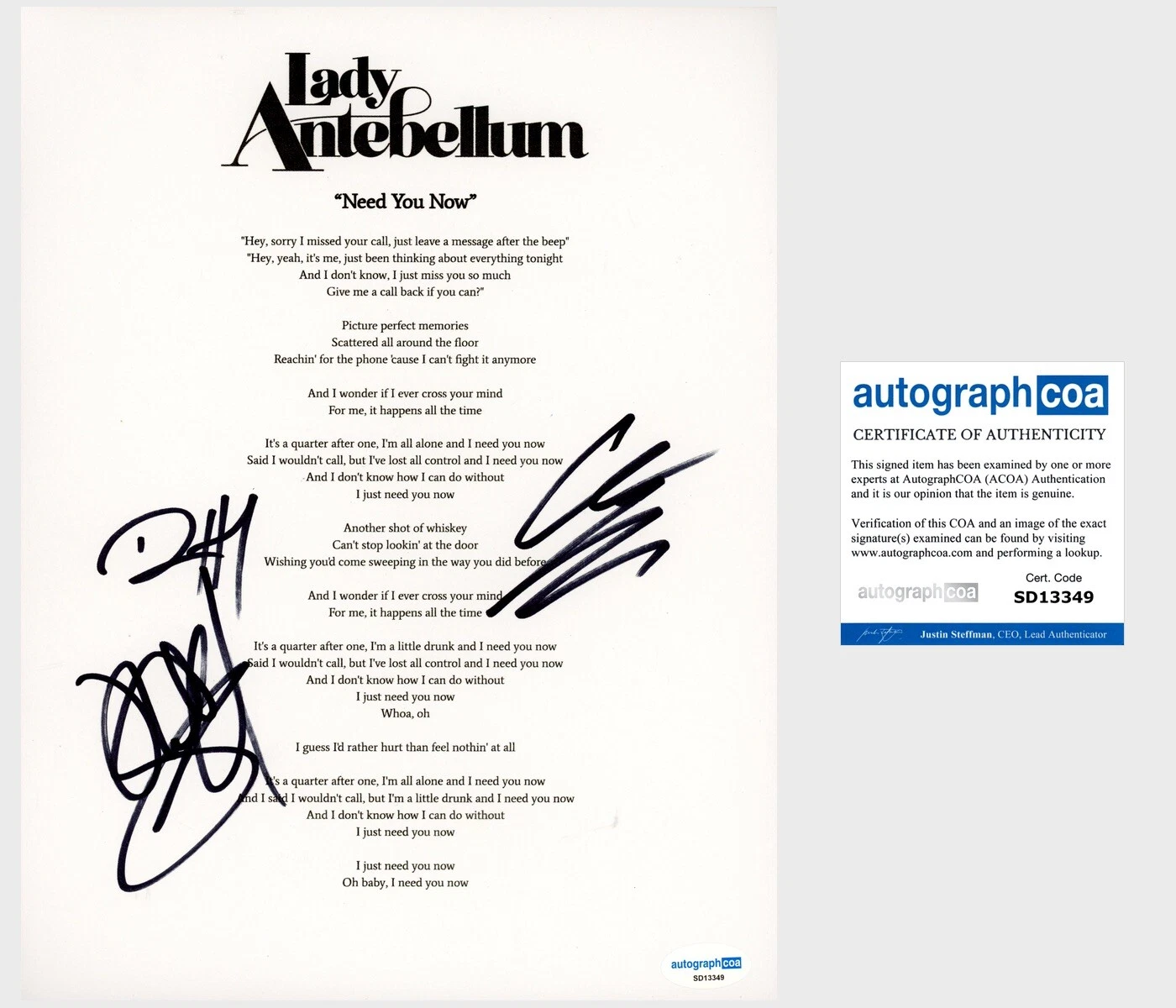 Lady Antebellum Complete Signed Lyric Sheet ‘Need You Now’ Hillary Scott ACOA A