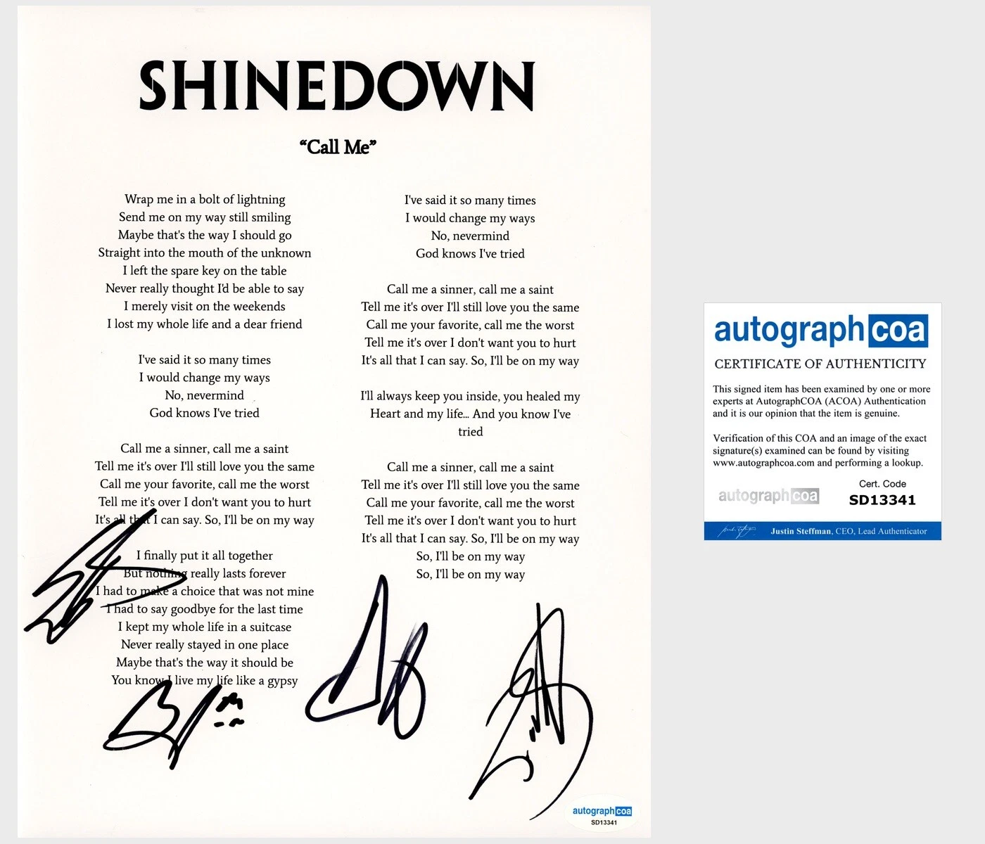 ‘SHINEDOWN’ FULL BAND SIGNED LYRIC SHEET ‘CALL ME’ BRENT SMITH +3 ACOA COLLECTIBLE MEMORABILIA