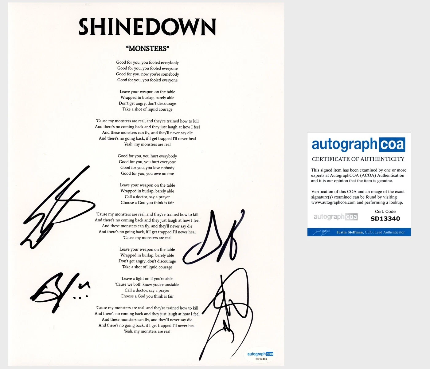 ‘Shinedown’ Full Band Signed Lyric Sheet ‘Monsters’ Brent Smith +3 ACOA