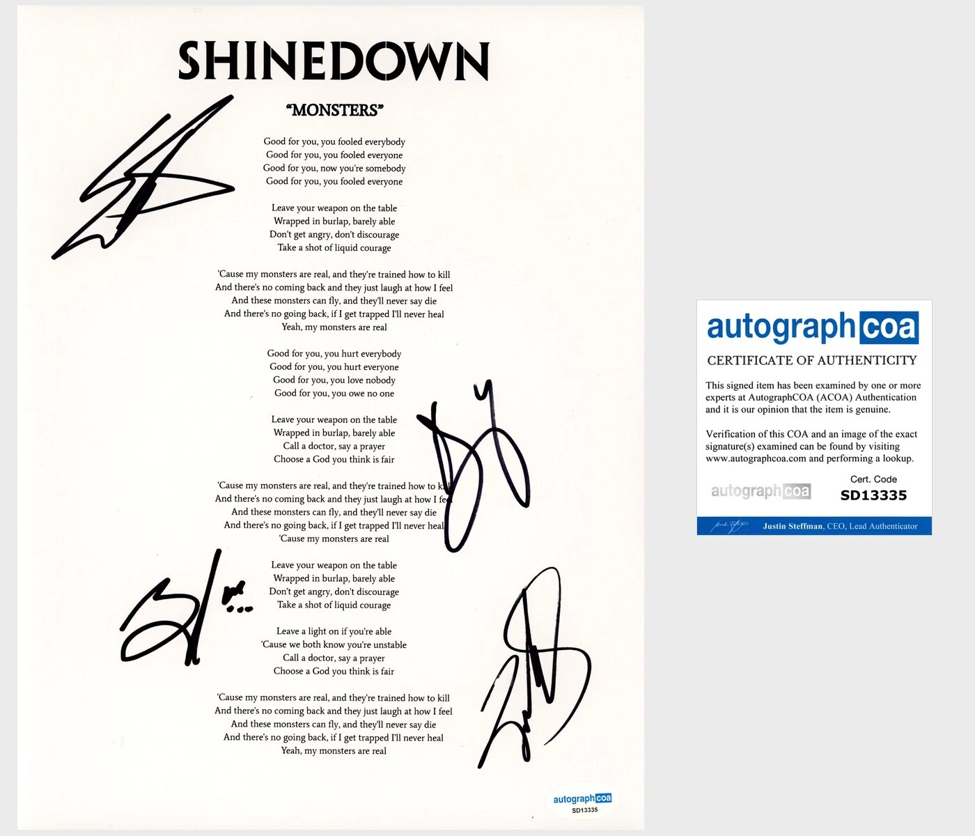 ‘SHINEDOWN’ FULL BAND SIGNED LYRIC SHEET ‘MONSTERS’ BRENT SMITH +3 ACOA COLLECTIBLE MEMORABILIA