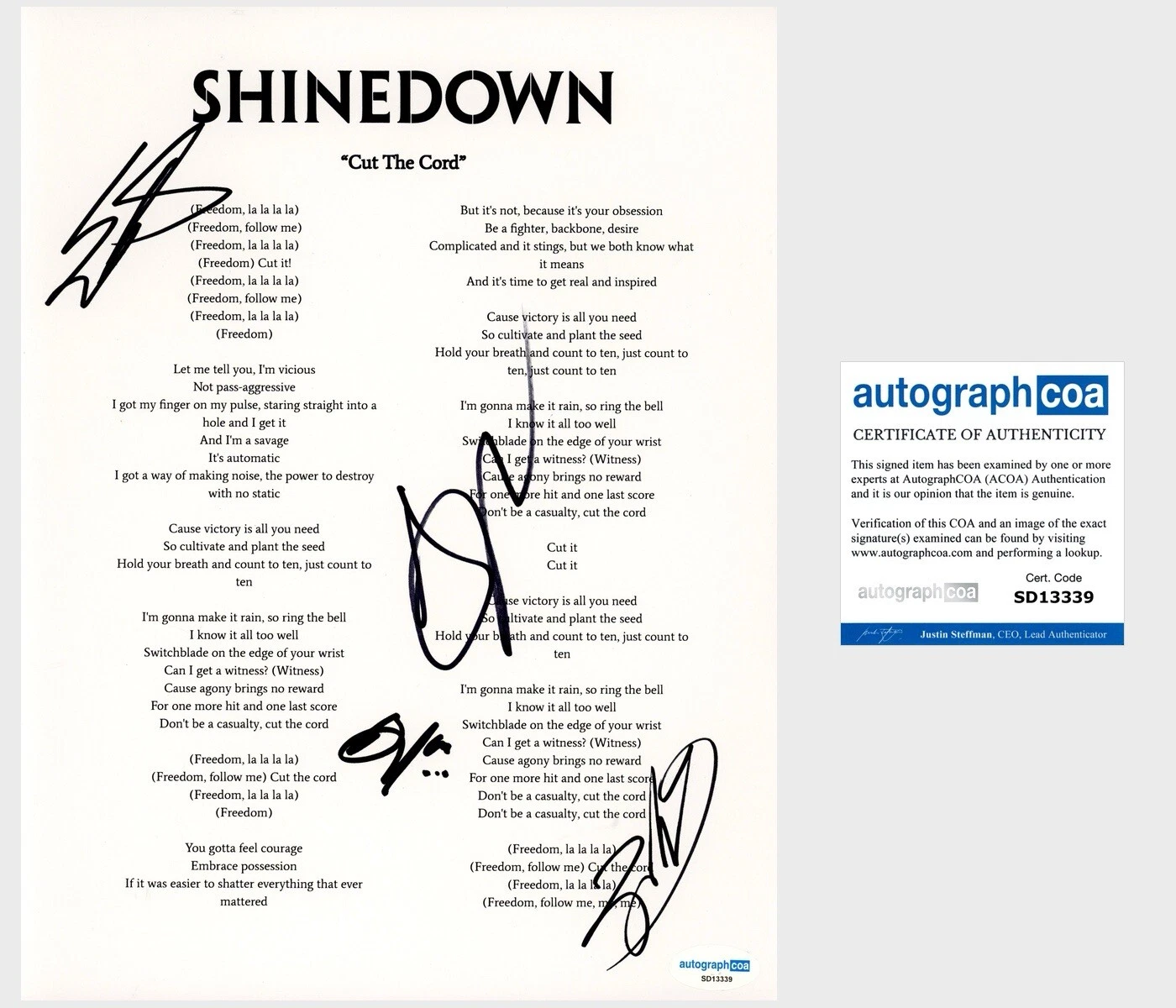 ‘Shinedown’ Full Band Signed Lyric Sheet ‘Cut The Cord’ Brent Smith +3 ACOA