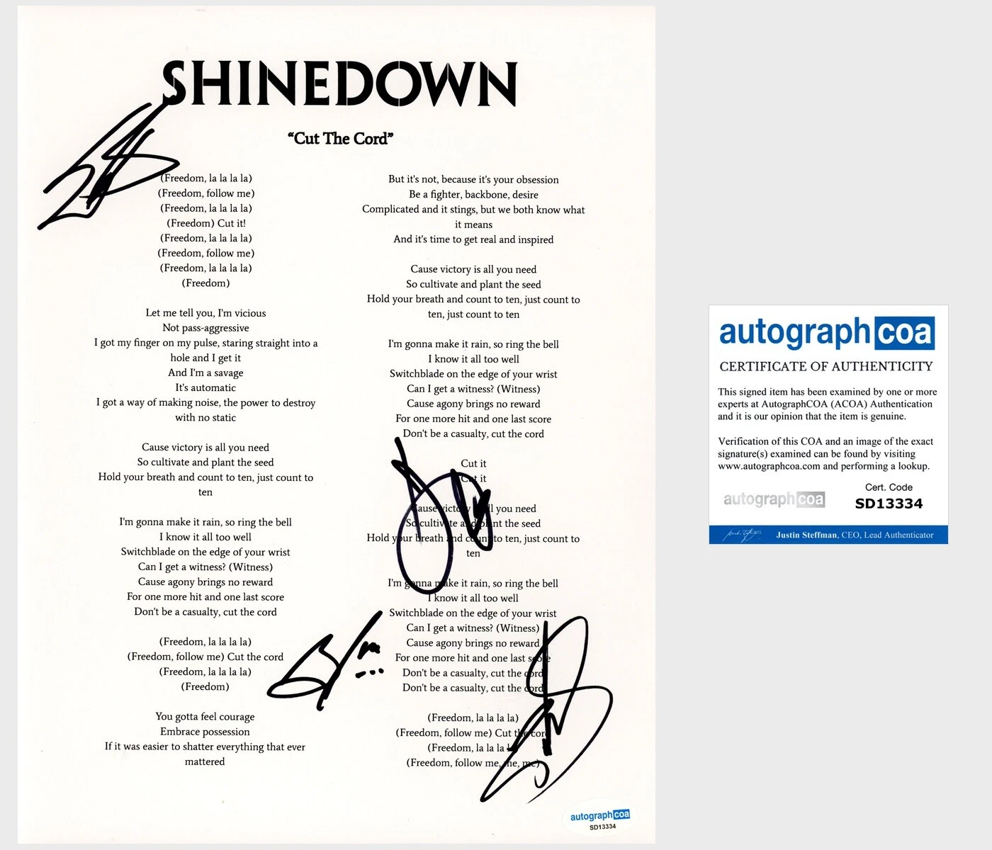 ‘Shinedown’ Full Band Signed Lyric Sheet ‘Cut The Cord’ Brent Smith +3 ACOA
