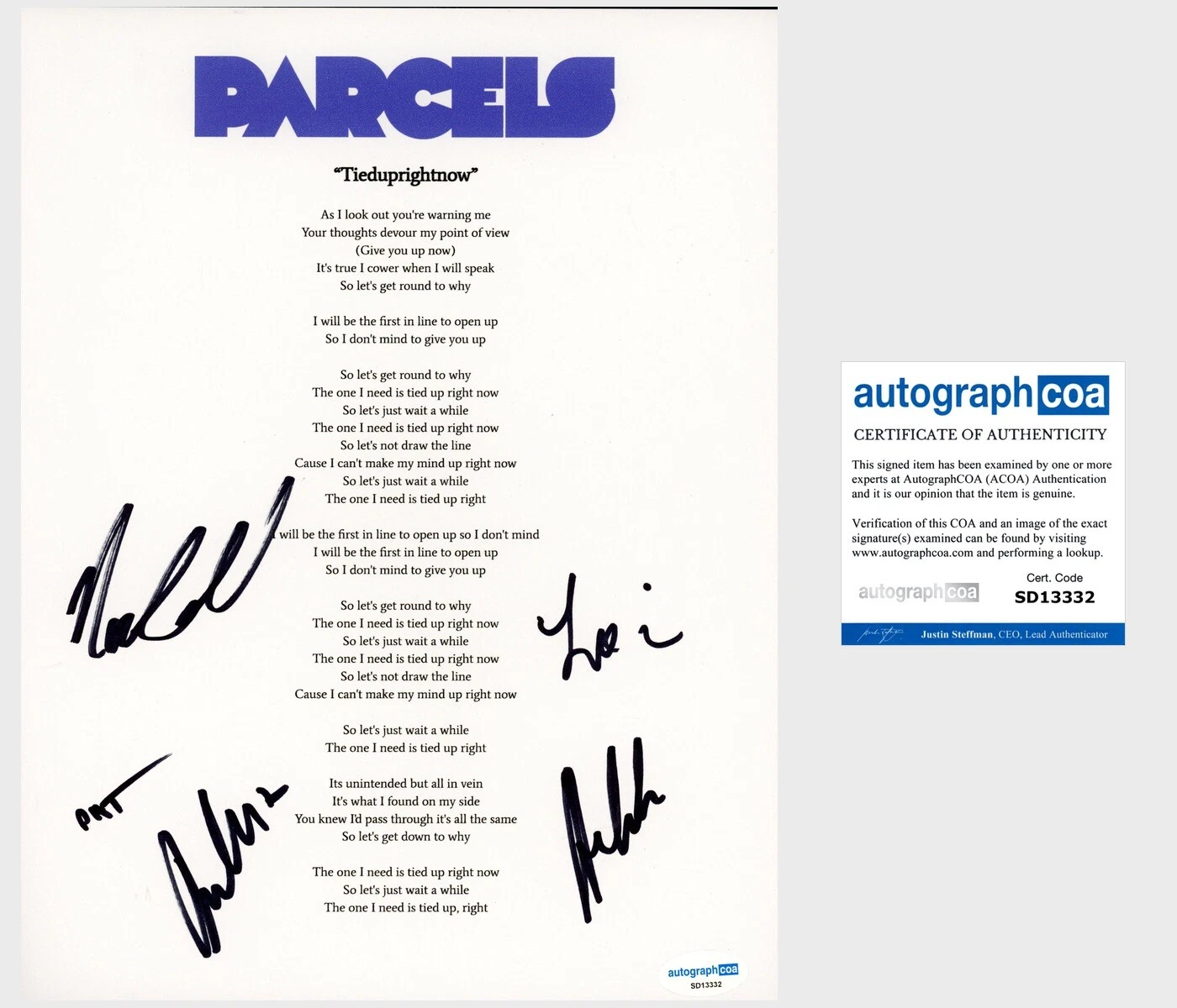 ‘Parcels’ Full Band Signed Lyric Sheet ‘Tieduprightnow’ Pat Hetherington +4