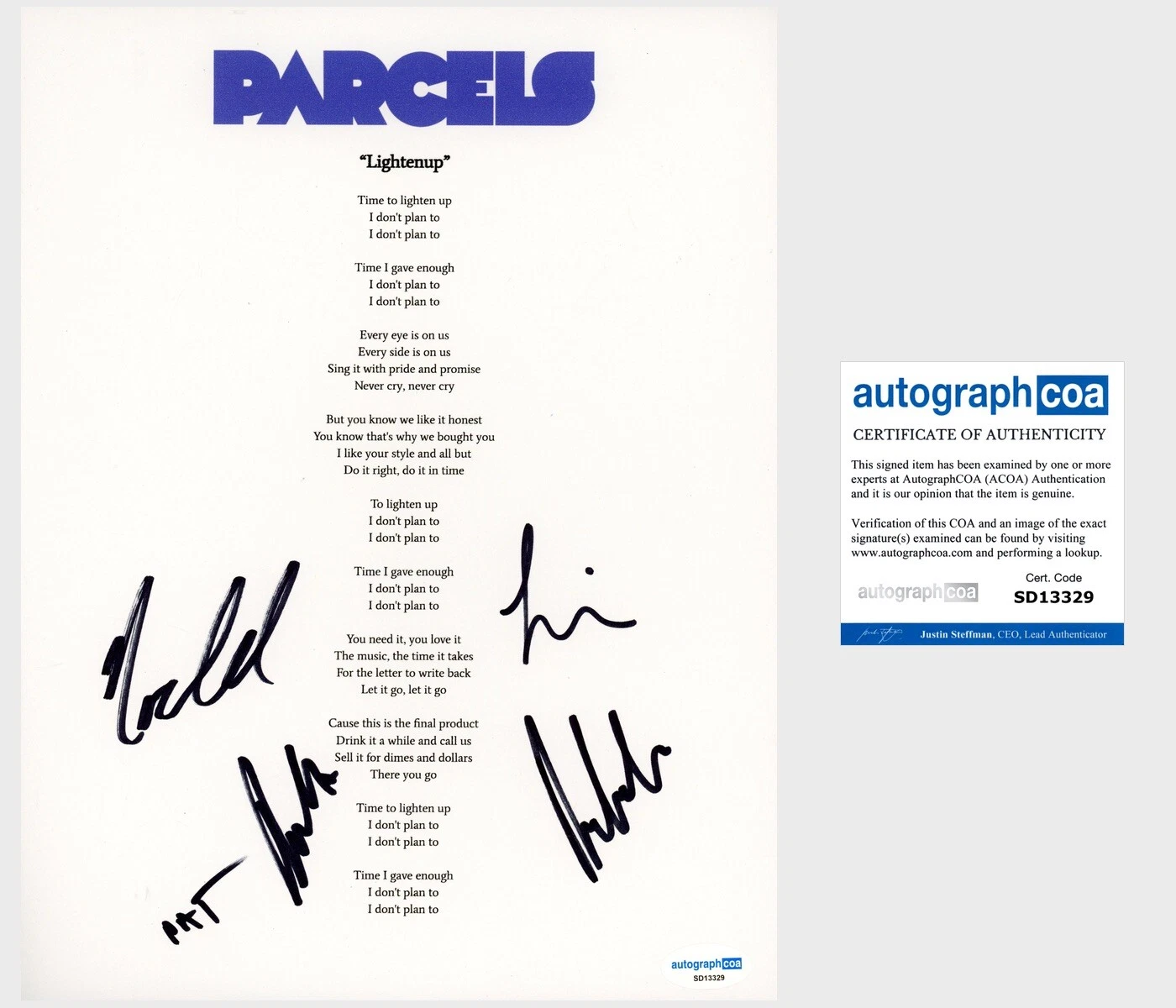 ‘PARCELS’ FULL BAND SIGNED LYRIC SHEET ‘LIGHTENUP’ PAT HETHERINGTON +4 COLLECTIBLE MEMORABILIA