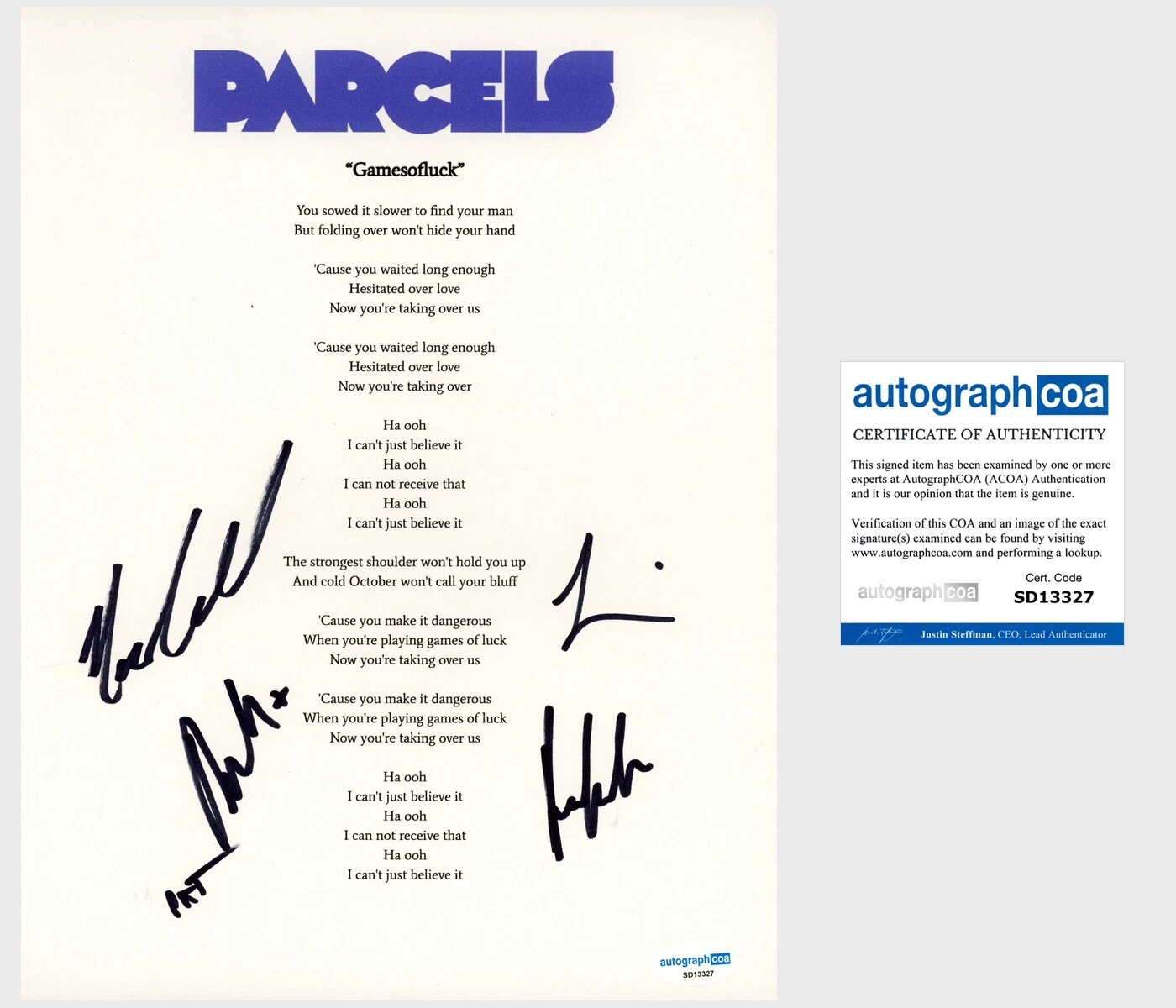 ‘PARCELS’ FULL BAND SIGNED LYRIC SHEET ‘GAMESOFLUCK’ PAT HETHERINGTON +4 COLLECTIBLE MEMORABILIA