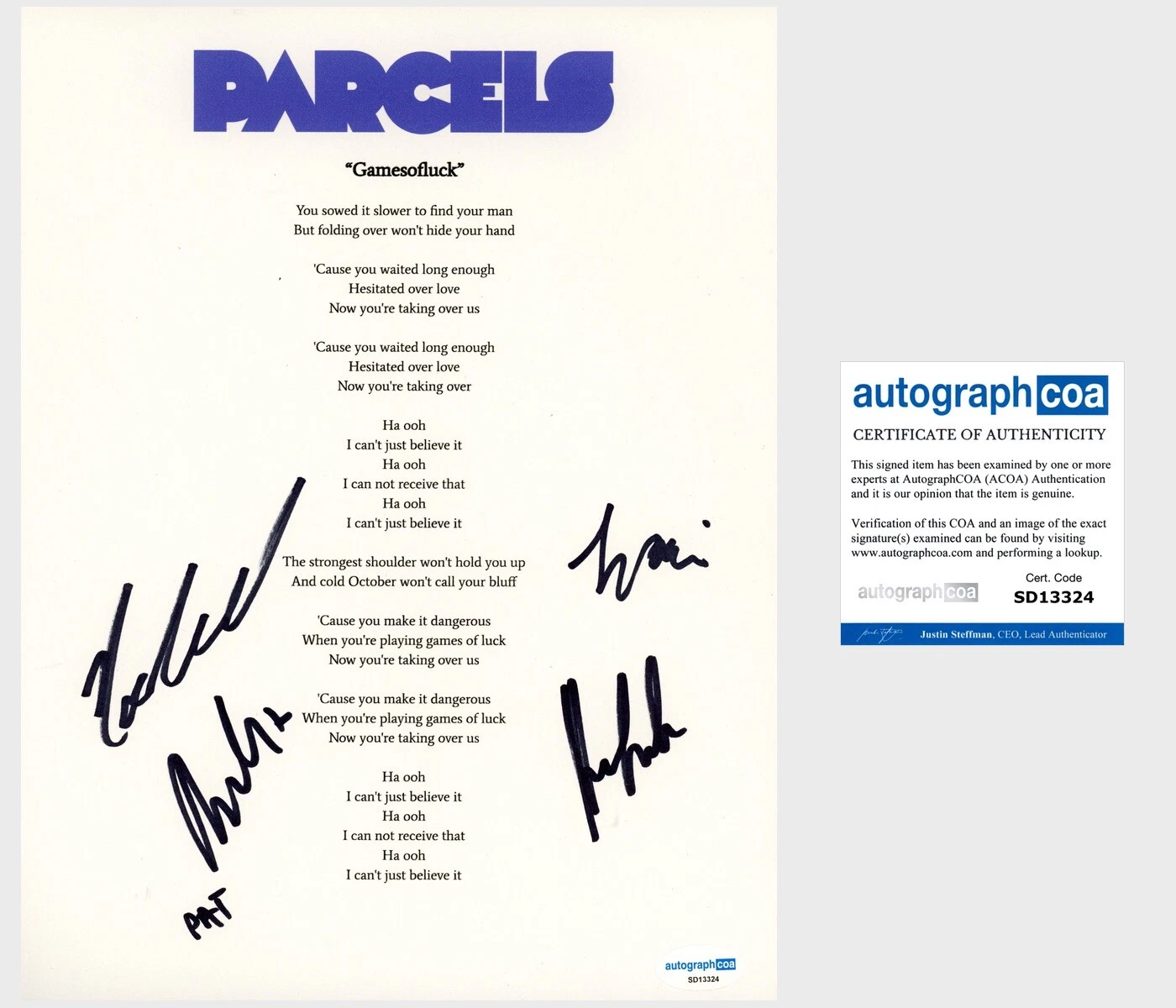 ‘PARCELS’ FULL BAND SIGNED LYRIC SHEET ‘GAMESOFLUCK’ PAT HETHERINGTON +4 COLLECTIBLE MEMORABILIA