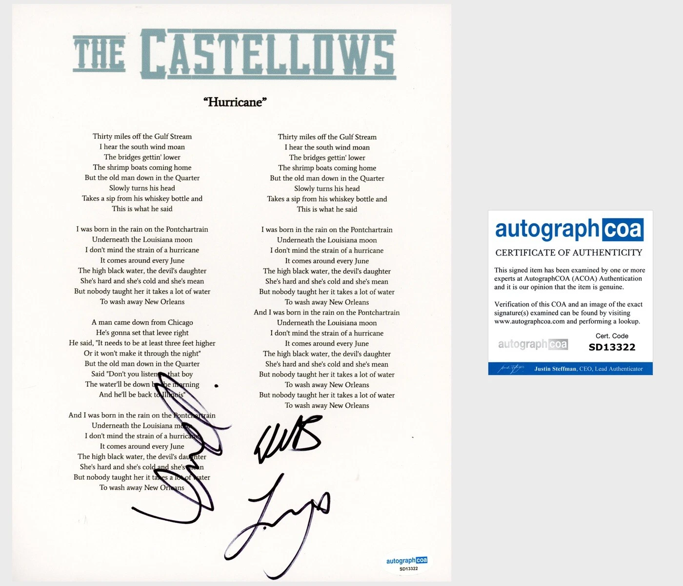 ‘THE CASTELLOWS’ FULL BAND SIGNED LYRIC SHEET ‘HURRICANE’ ACOA COUNTRY COLLECTIBLE MEMORABILIA