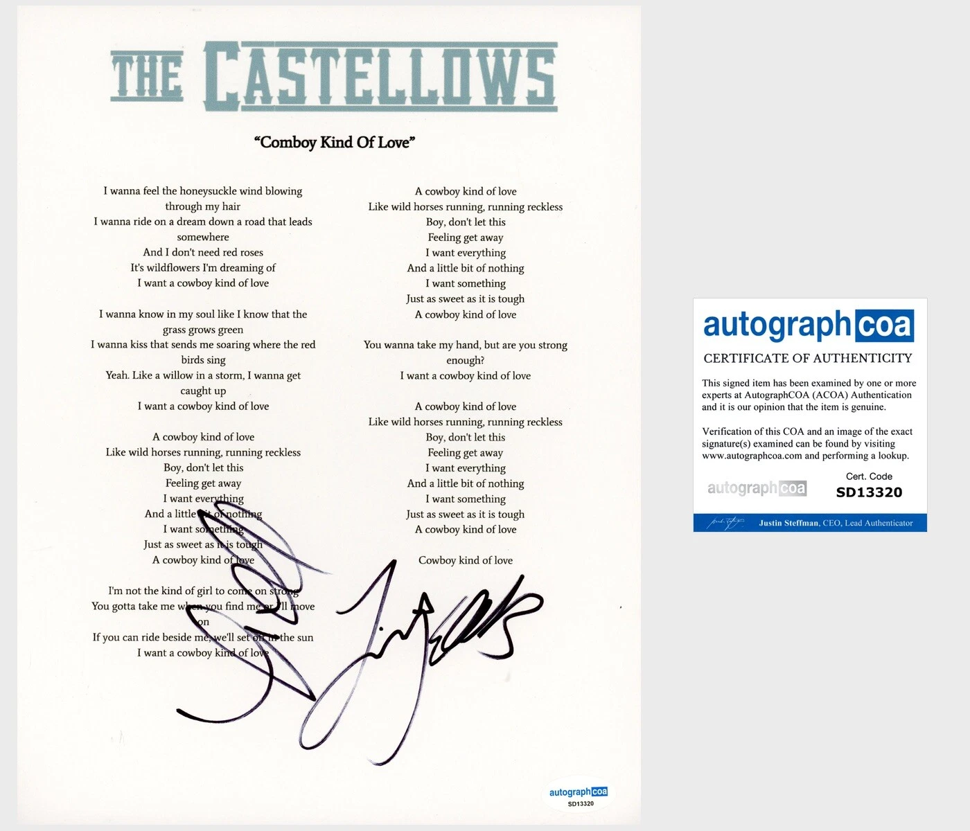 ‘The Castellows’ Full Band Signed Lyric Sheet ‘Cowboy Kind Of Love’ ACOA Country