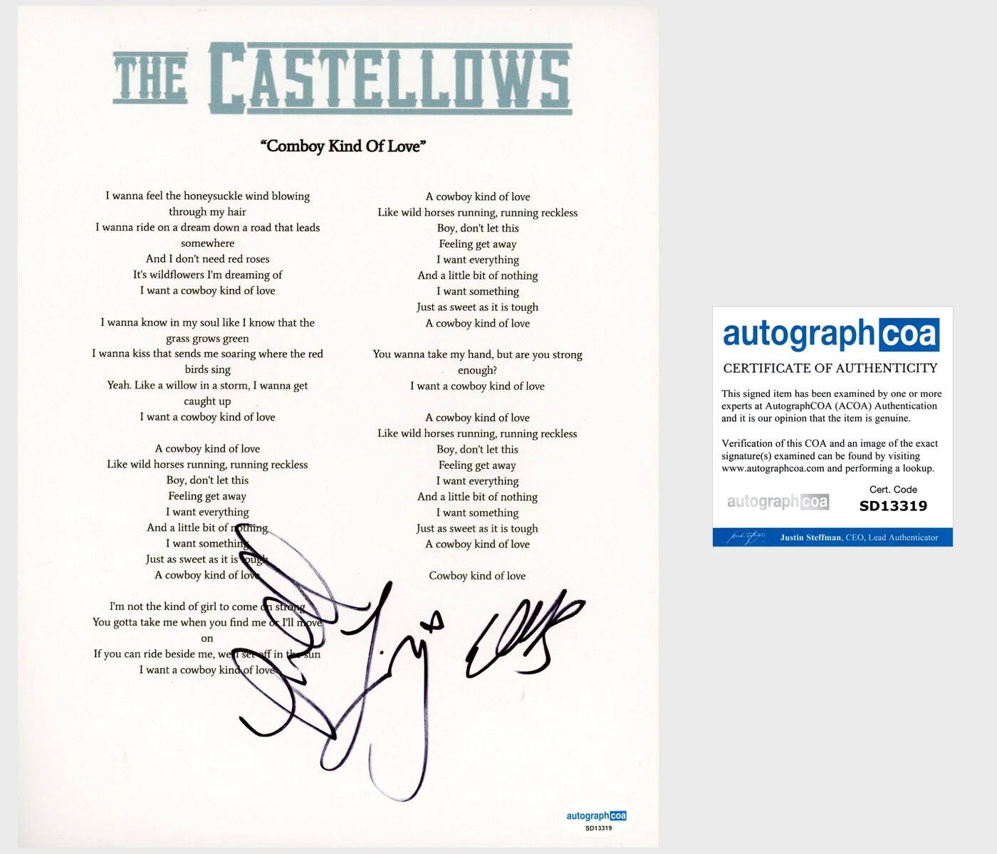 ‘The Castellows’ Full Band Signed Lyric Sheet ‘Cowboy Kind Of Love’ ACOA Country