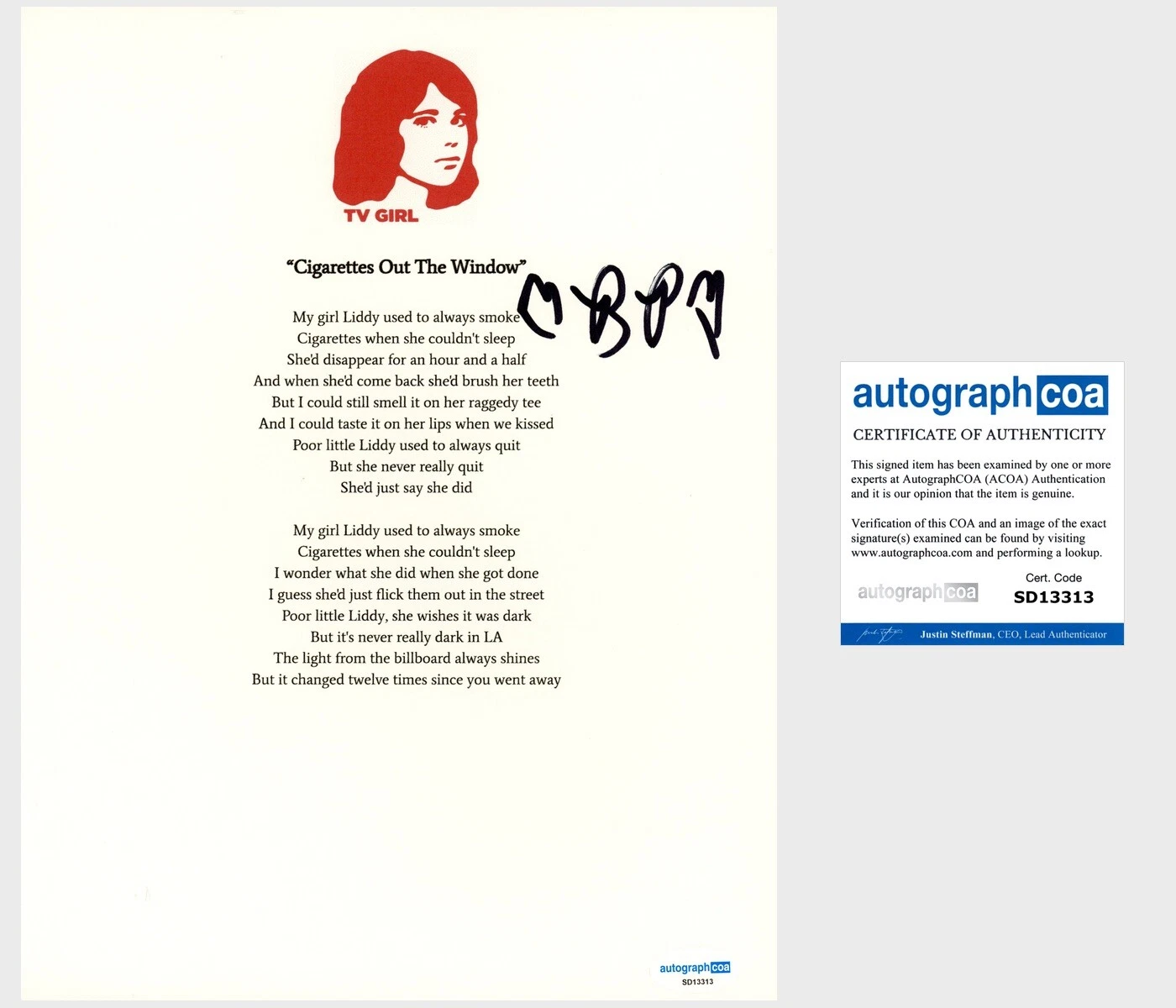Brad Petering ‘TV Girl’ Band Signed Lyric Sheet ‘Cigarettes Out The Window’ ACOA