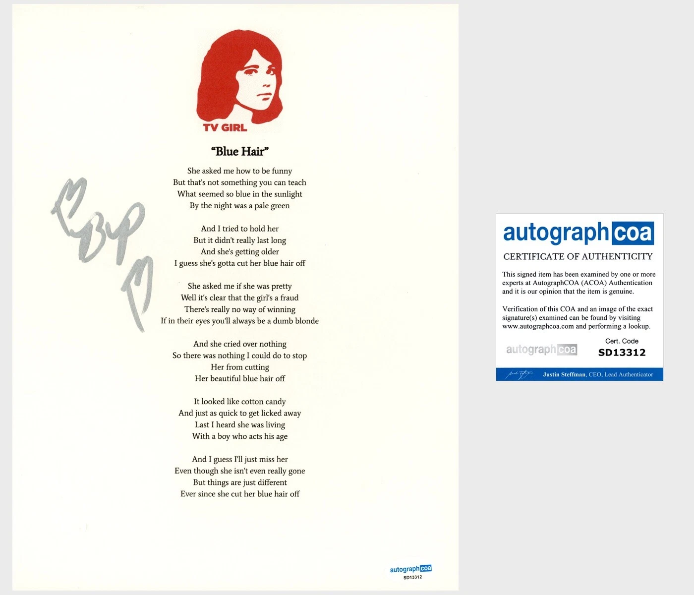 Brad Petering ‘TV Girl’ Band Lead Singer Signed Lyric Sheet ‘Blue Hair’ ACOA