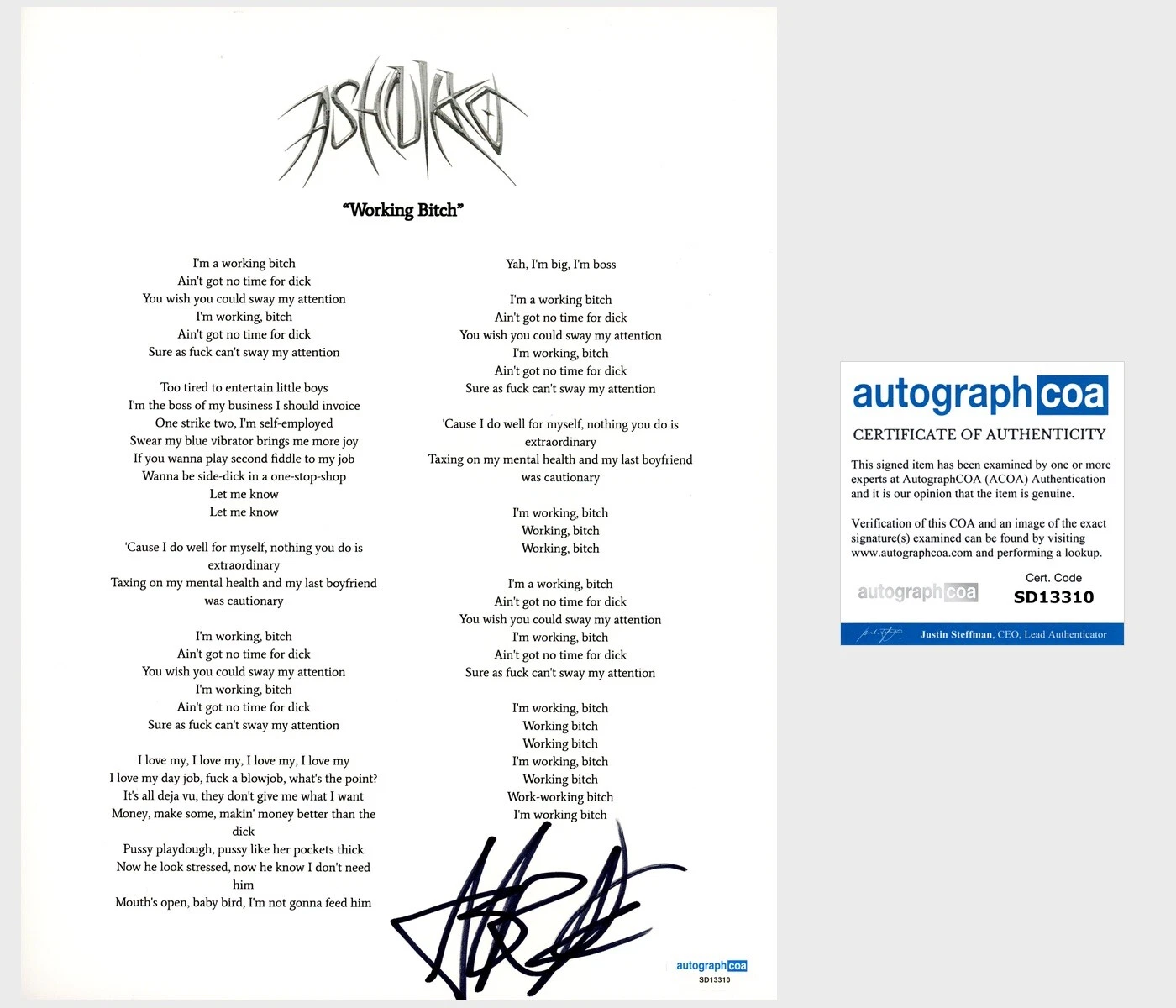 ‘ASHNIKKO’ SIGNED LYRIC SHEET ‘WORKING BITCH’ ACOA RARE PROOF COLLECTIBLE MEMORABILIA