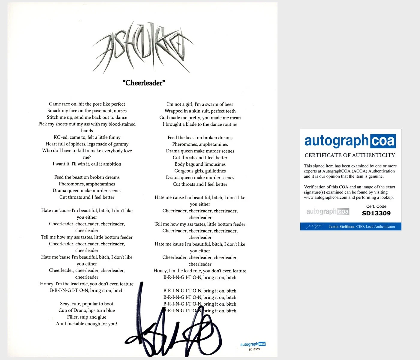 ‘ASHNIKKO’ SIGNED LYRIC SHEET ‘CHEERLEADER’ ACOA RARE PROOF COLLECTIBLE MEMORABILIA
