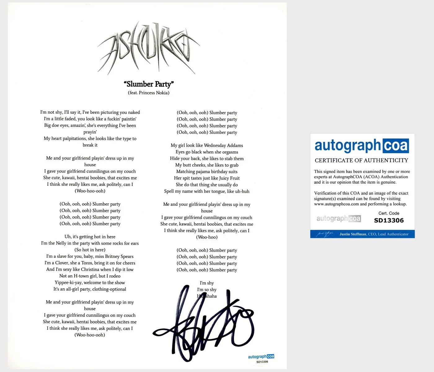 ‘ASHNIKKO’ SIGNED LYRIC SHEET ‘SLUMBER PARTY’ ACOA RARE PROOF COLLECTIBLE MEMORABILIA