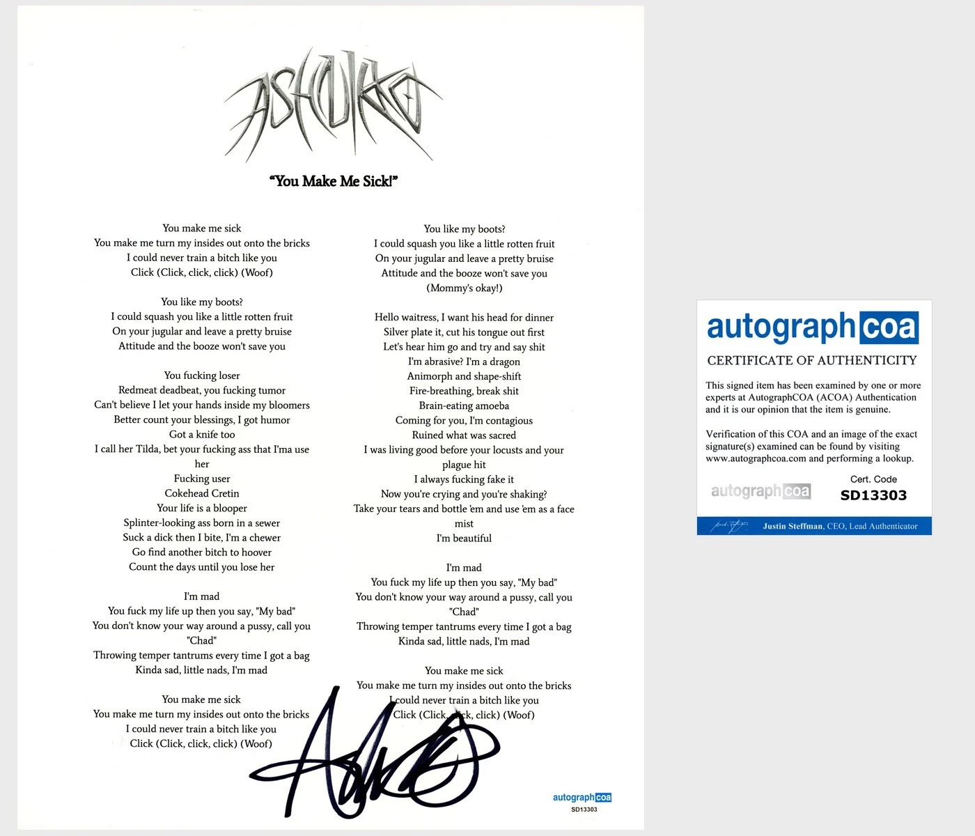 ‘ASHNIKKO’ SIGNED LYRIC SHEET ‘YOU MAKE ME SICK!’ ACOA RARE PROOF COLLECTIBLE MEMORABILIA