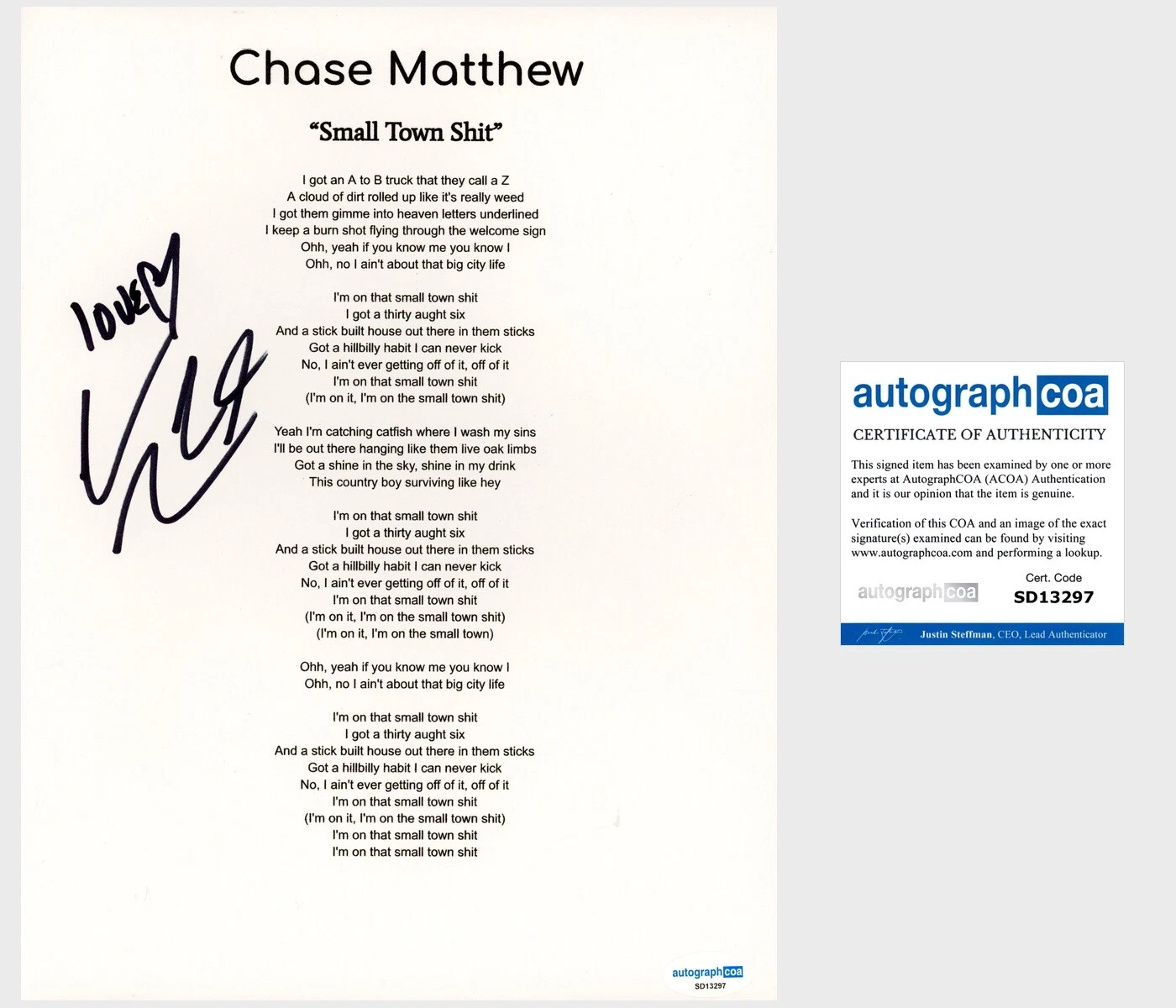 ‘CHASE MATTHEW’ SIGNED LYRIC SHEET ‘SMALL TOWN SH*T’ COUNTRY SINGER ACOA COLLECTIBLE MEMORABILIA