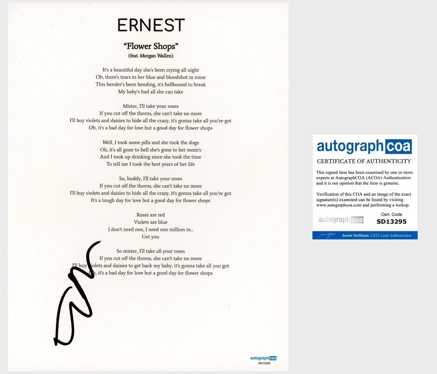 ‘Ernest’ Signed Lyric Sheet ‘Flower Shops’ Country Singer ACOA