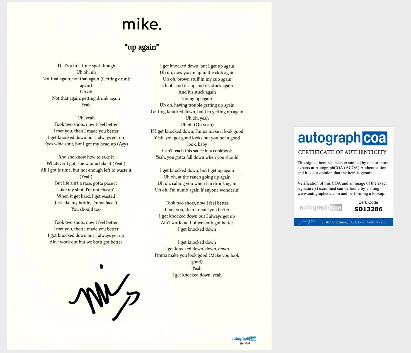 ‘Mike Stud’ Rapper Signed Lyric Sheet ‘Up Again’ mike. ACOA