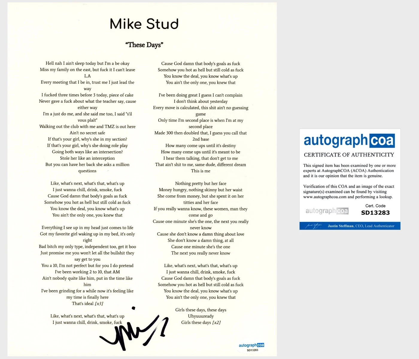 ‘Mike Stud’ Rapper Signed Lyric Sheet ‘These Days’ mike. ACOA
