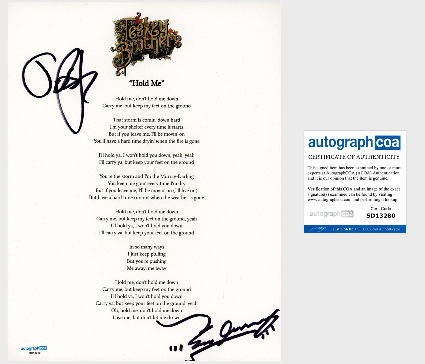 ‘The Teskey Brothers’ Band Duo Signed Lyric Sheet ‘Hold Me’ ACOA PROOF