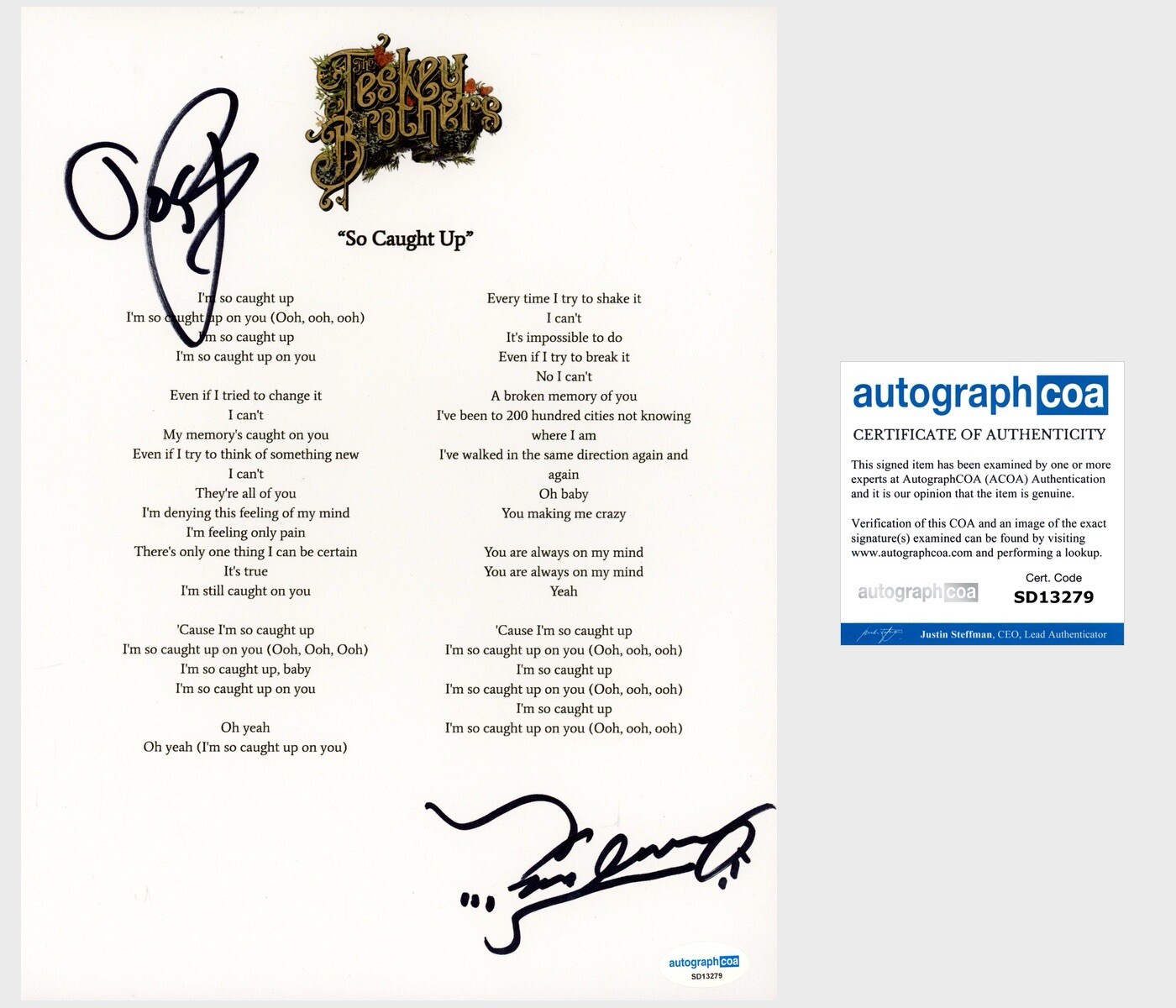 ‘THE TESKEY BROTHERS’ BAND DUO SIGNED LYRIC SHEET ‘SO CAUGHT UP’ ACOA PROOF COLLECTIBLE MEMORABILIA