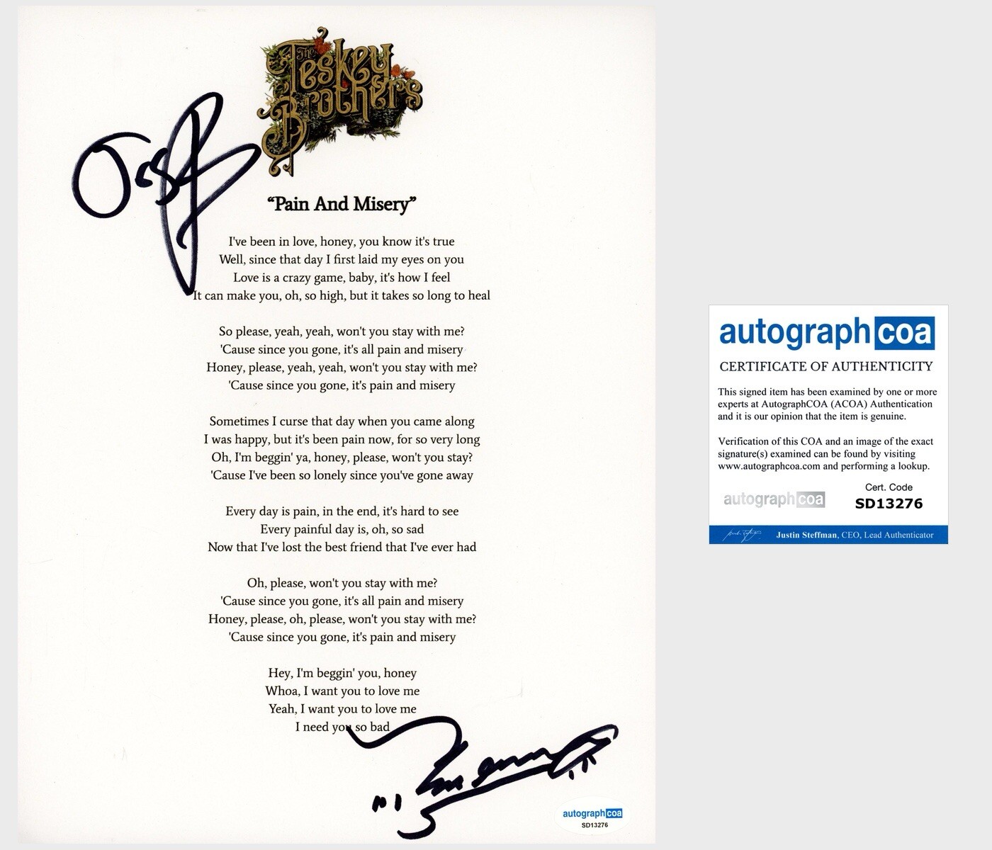 ‘The Teskey Brothers’ Band Duo Signed Lyric Sheet ‘Pain And Misery’ ACOA PROOF