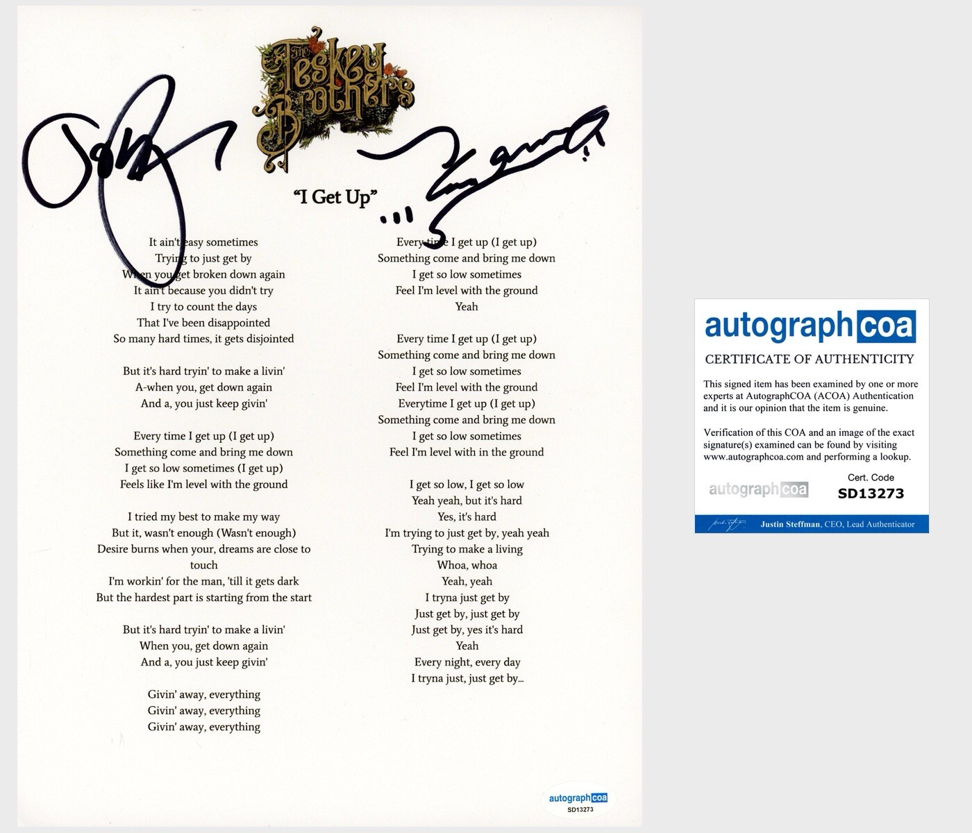 ‘The Teskey Brothers’ Band Duo Signed Lyric Sheet ‘I Get Up’ ACOA PROOF