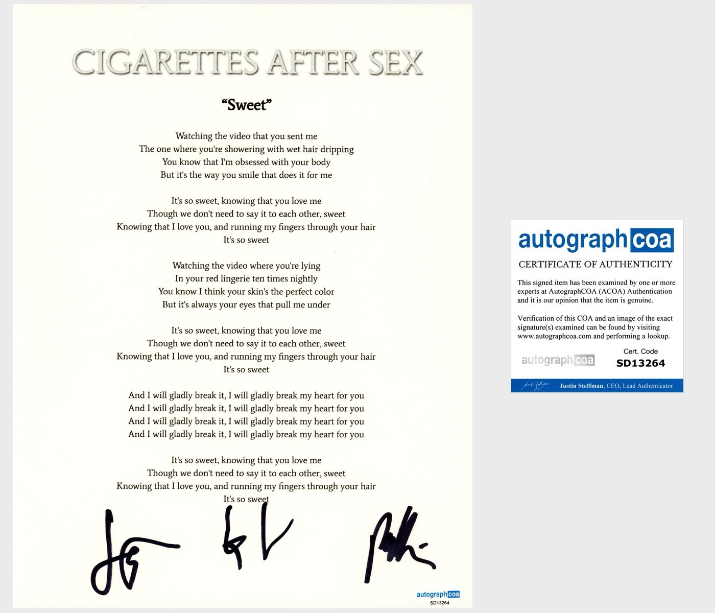 ‘CIGARETTES AFTER SEX’ BAND SIGNED LYRIC SHEET ‘SWEET’ GREG GONZALEZ ACOA COLLECTIBLE MEMORABILIA