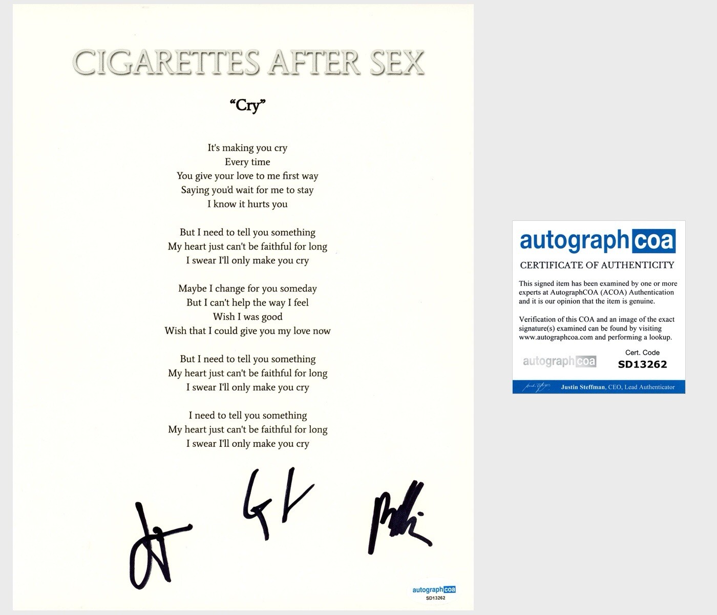 ‘CIGARETTES AFTER SEX’ BAND SIGNED LYRIC SHEET ‘CRY’ GREG GONZALEZ ACOA COLLECTIBLE MEMORABILIA