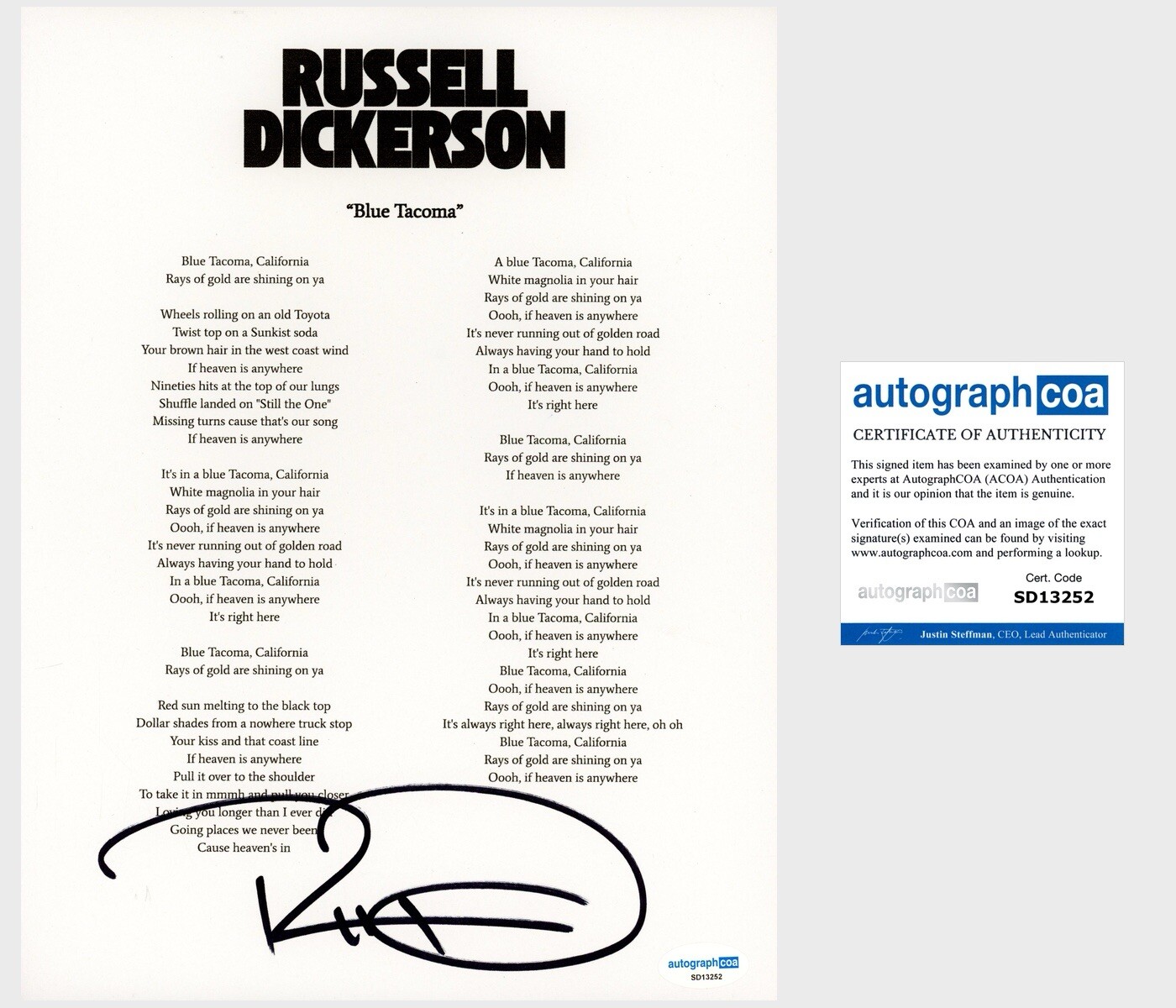 ‘RUSSELL DICKERSON’ SIGNED LYRIC SHEET ‘BLUE TACOMA’ COUNTRY SINGER ACOA PROOF COLLECTIBLE MEMORABILIA