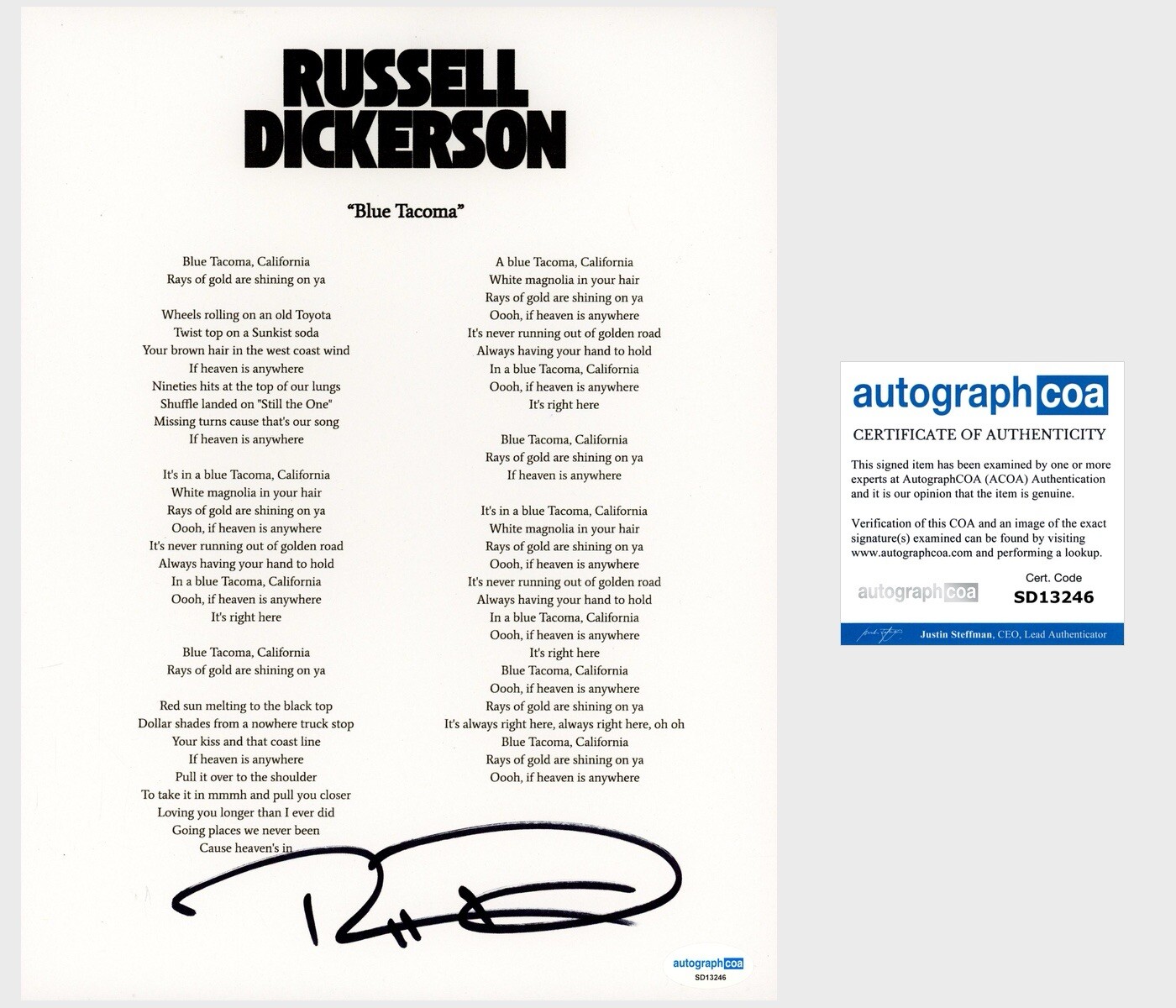 ‘RUSSELL DICKERSON’ SIGNED LYRIC SHEET ‘BLUE TACOMA’ COUNTRY SINGER ACOA PROOF COLLECTIBLE MEMORABILIA