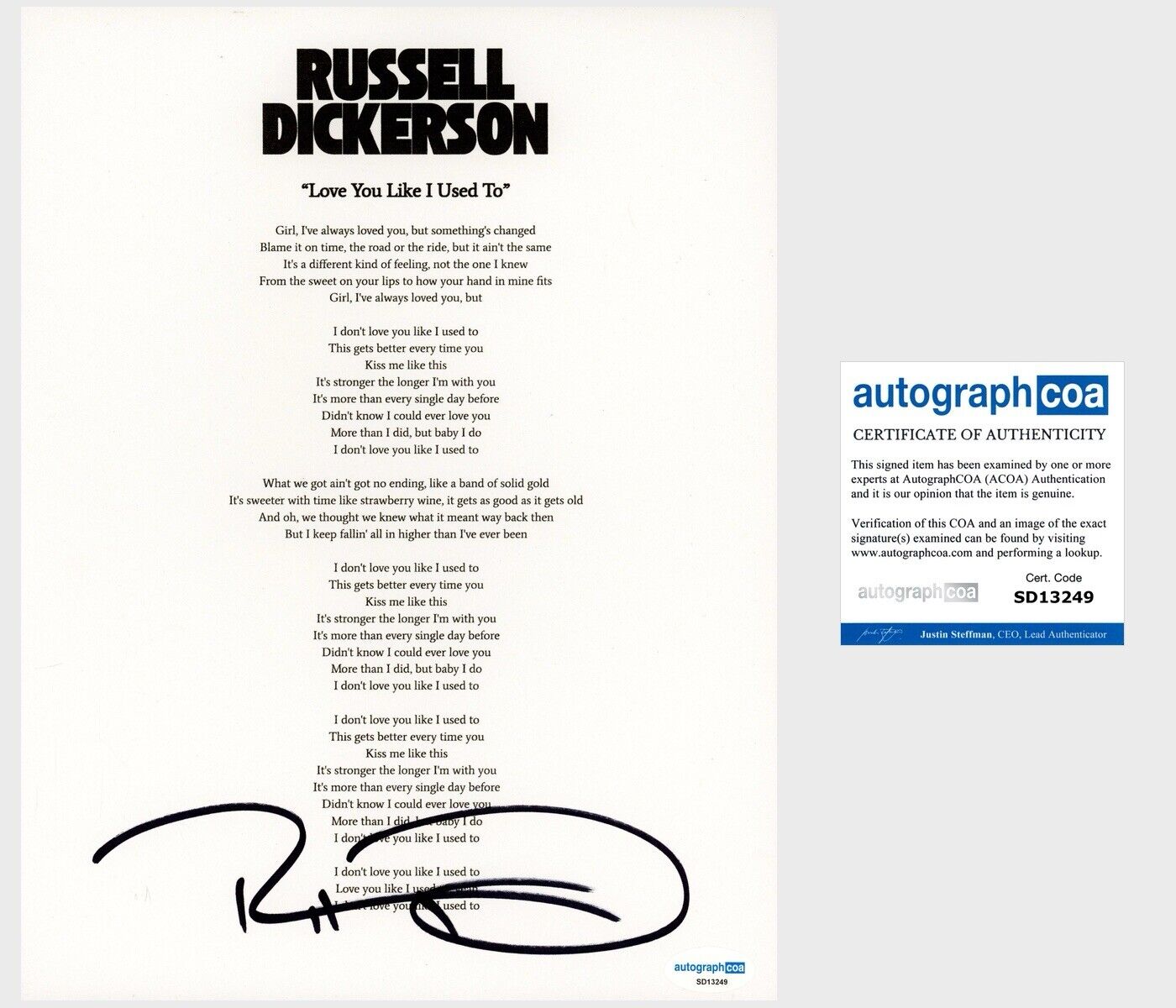 ‘Russell Dickerson’ Signed Lyric Sheet ‘Love You Like I Used To’ ACOA PROOF